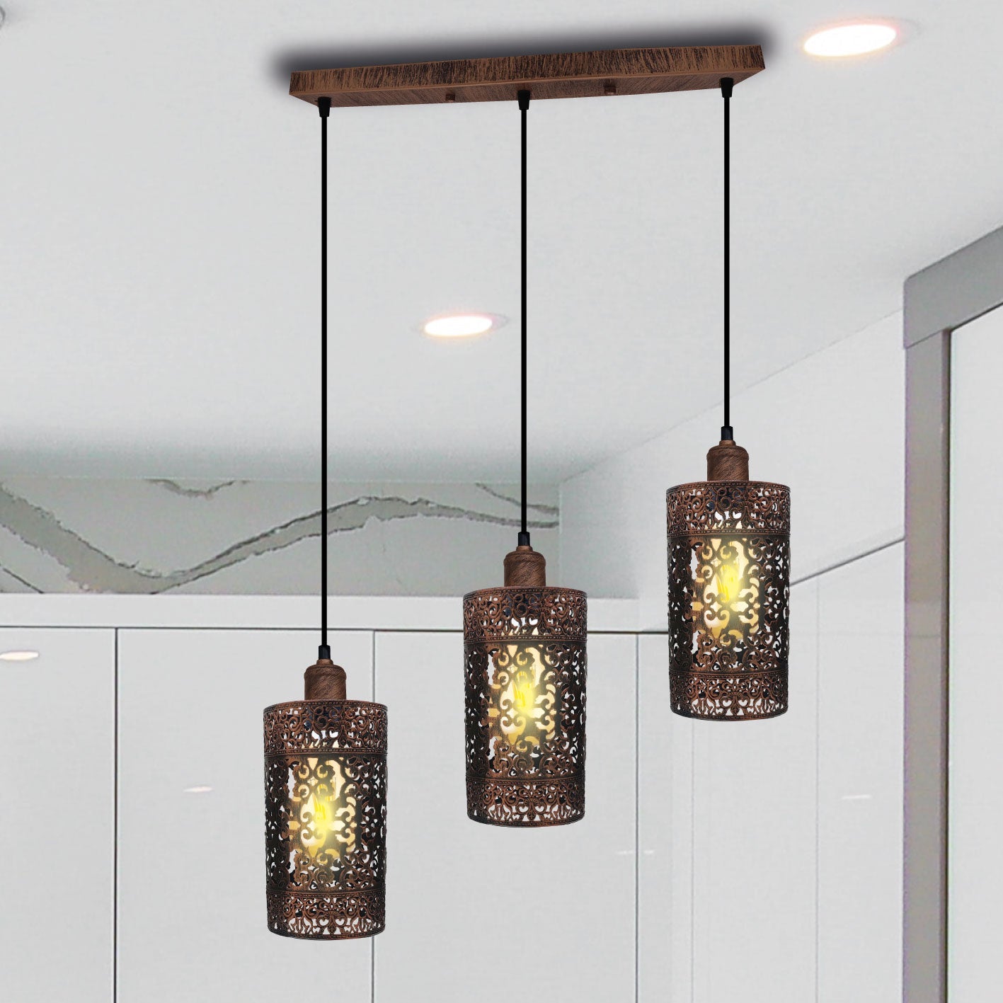 Industrial vintage Retro pendant light 3 way Rectangle Drum Cylinder Rustic Red ceiling base brushed finished~4019-2