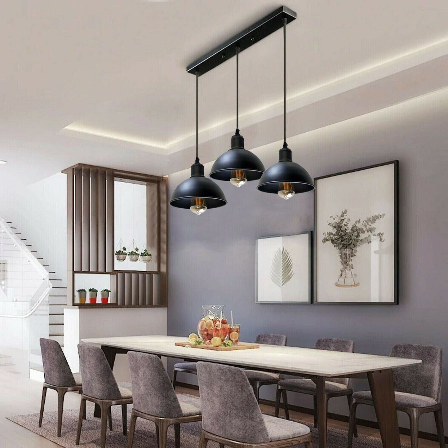 Vintage Industrial 3Head Ceiling Pendant Light Black Hanging Light Metal Dome Shape Shade Indoor Light Fitting~1242-4