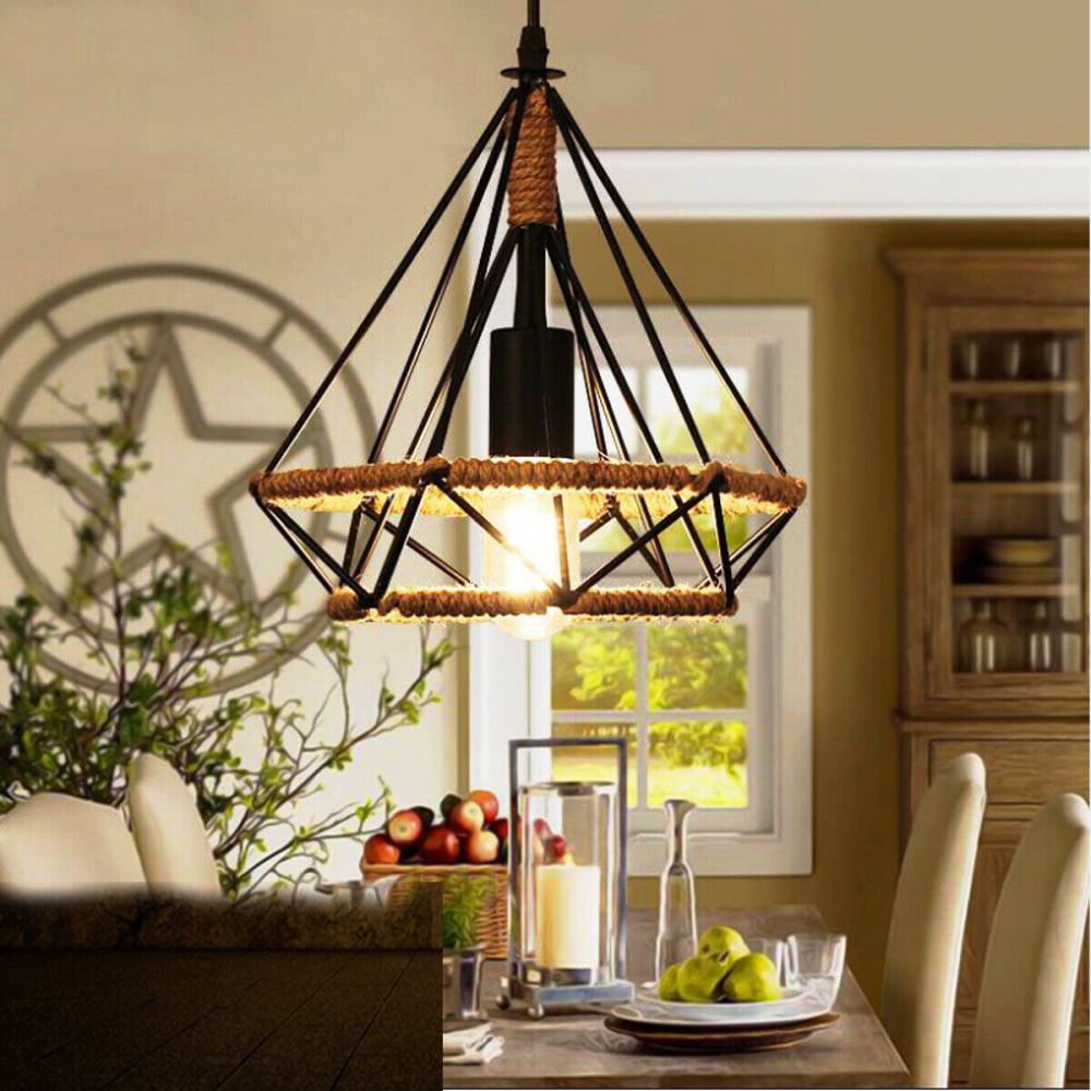 Industrial Retro Black Hemp Cage Loft 3 Light Cluster Pendant Light~3216-1