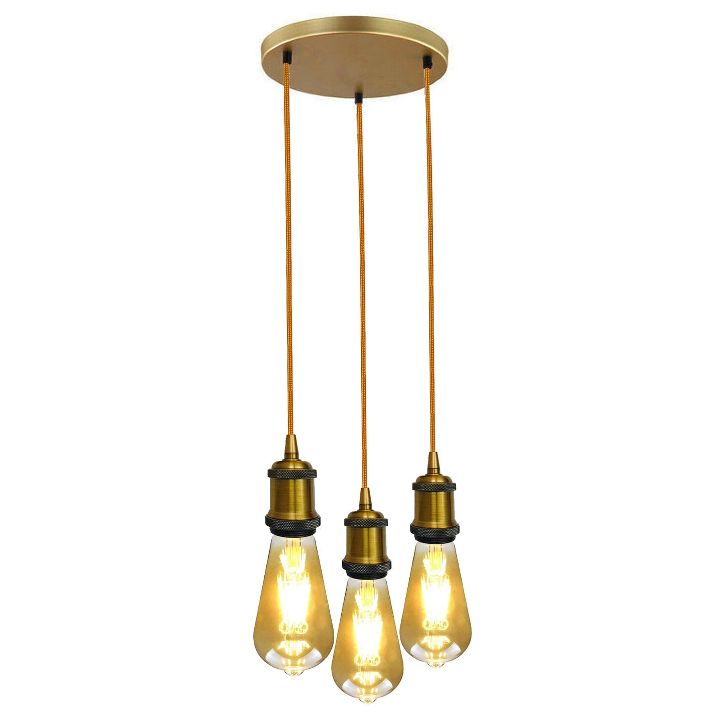 Yellow brass 3 Head Pendant Braided Fabric Flex Lamp Holder Fitting~1284-0