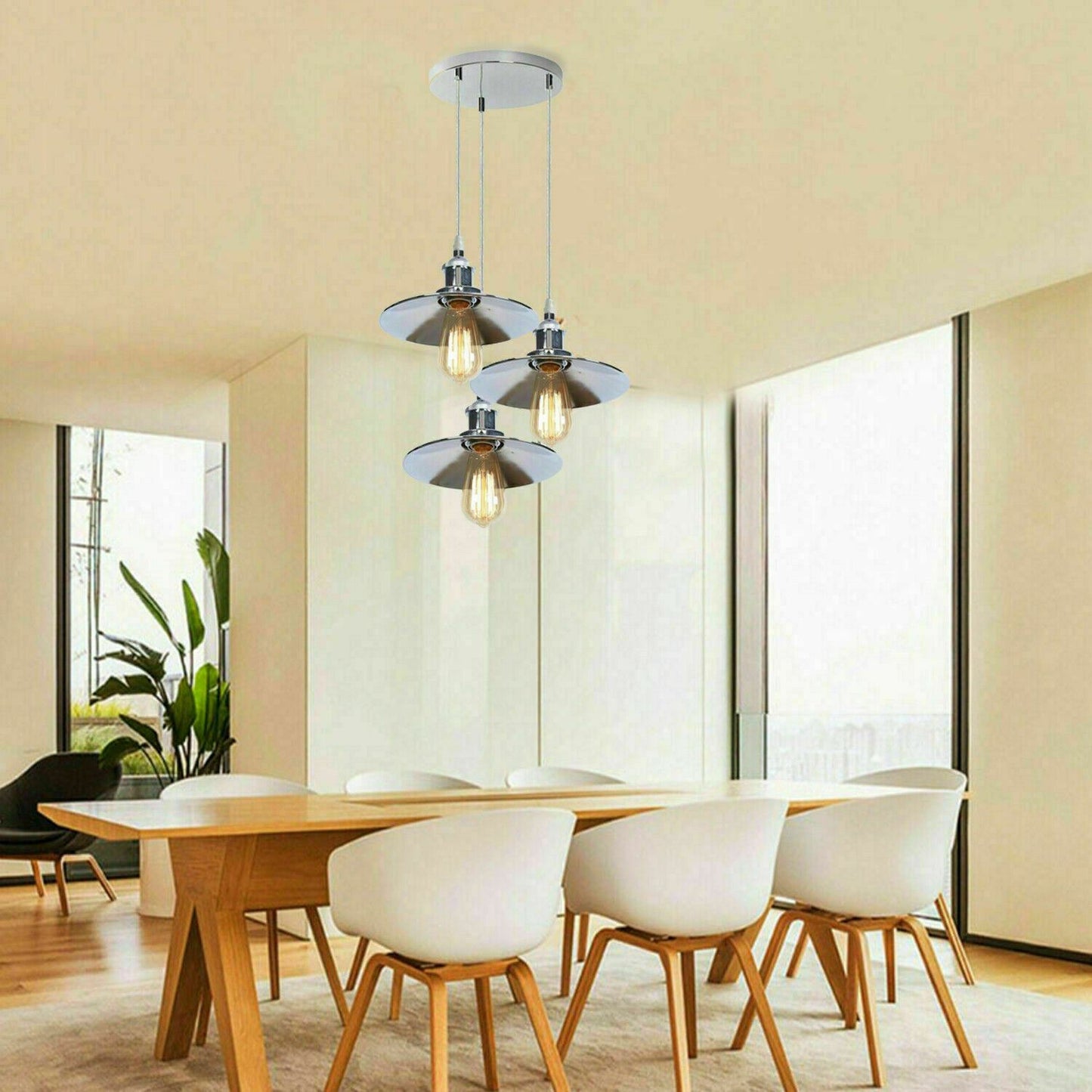Retro 3 Head Pendant Hanging Light Chrome Metal Flat Lamp Shade For Bed room, Kitchen, Study room, Dining room~1324-4