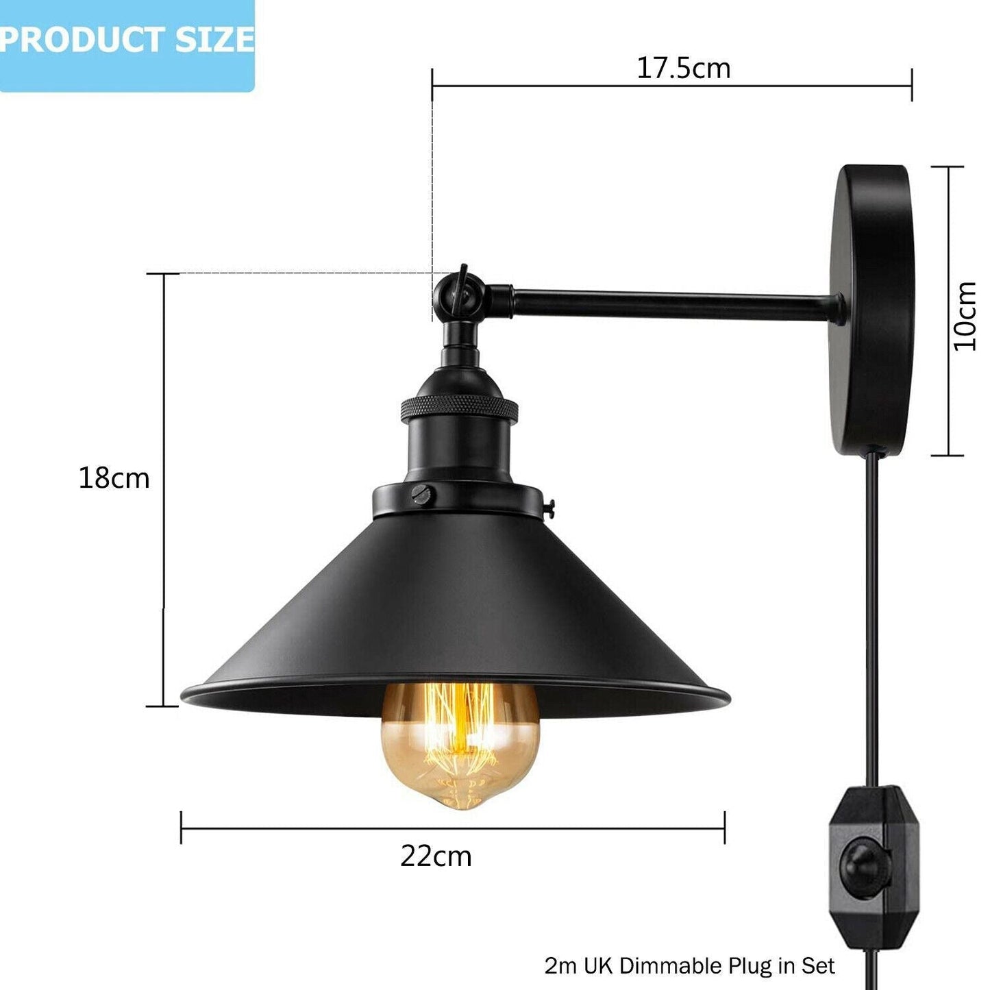 Black Plugin Wall Fitting Cone Metal Shade~1217-9