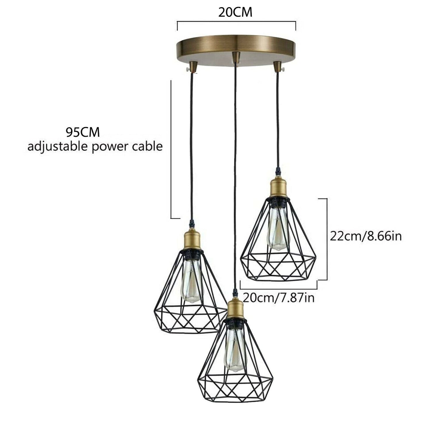 Vintage Industrial Retro Suspended 3 Head Ceiling Pendant Light Lampshade Light~2063-18