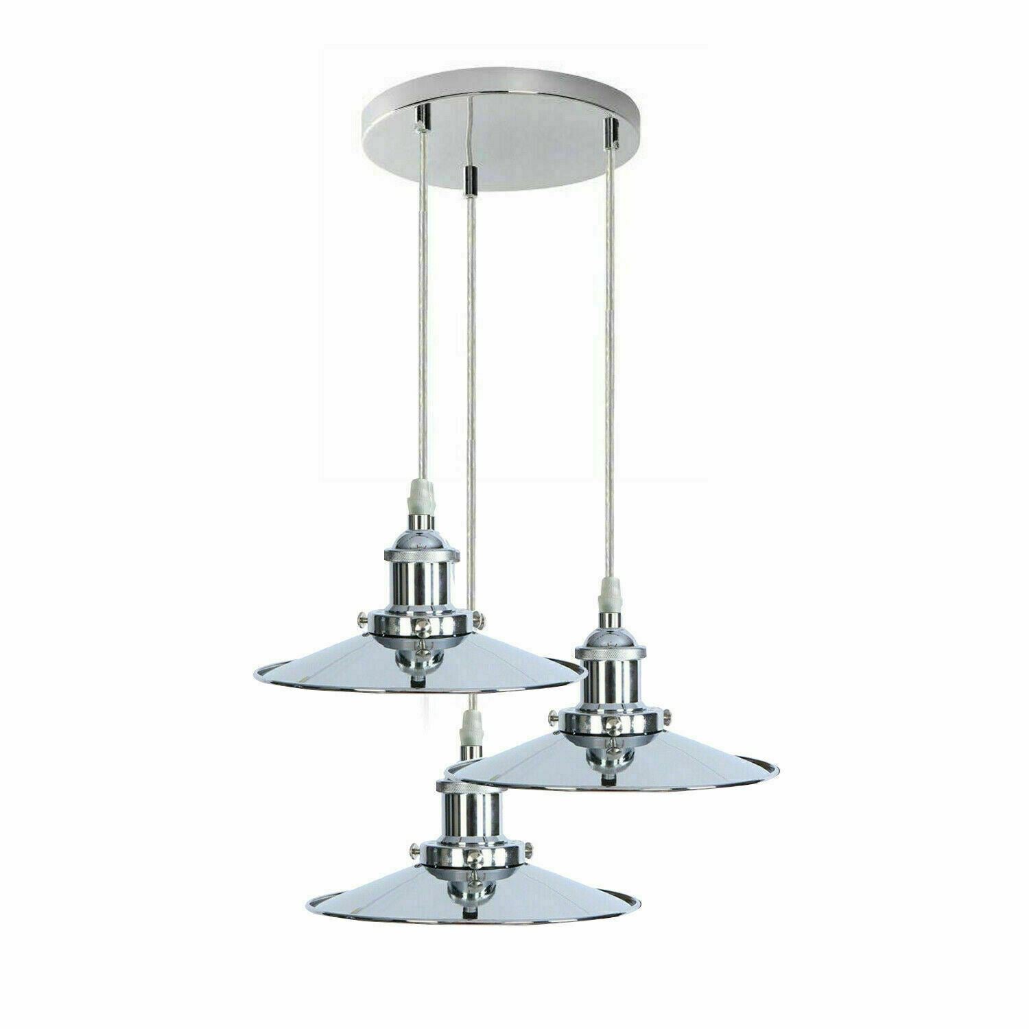 Retro 3 Head Pendant Hanging Light Chrome Metal Flat Lamp Shade For Bed room, Kitchen, Study room, Dining room~1324-0