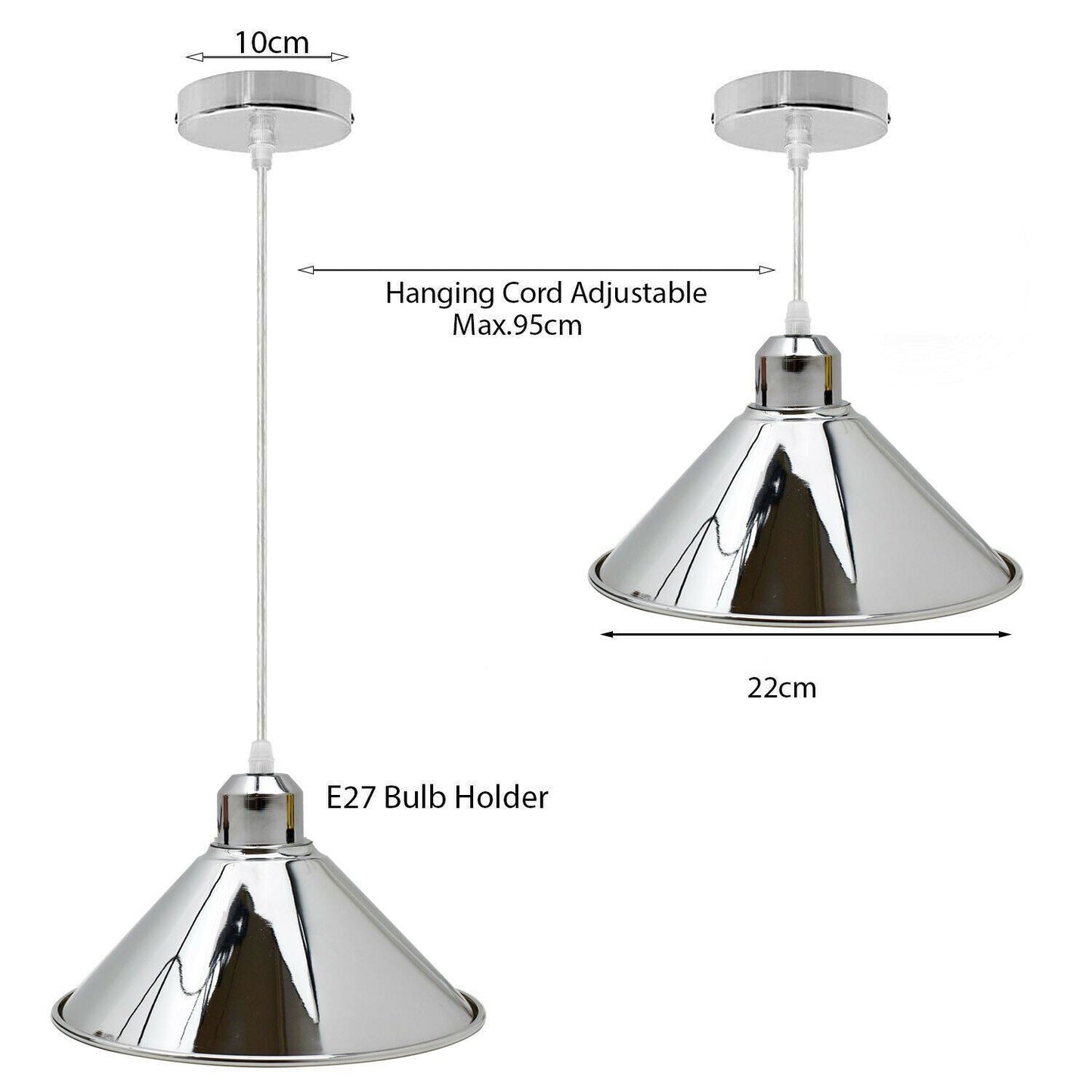 Modern Industrial Loft Chrome Ceiling Pendant Light Metal Cone Shape Shade Indoor Hanging Light Fitting For Basement, Bedroom, Conservatory~1184-6