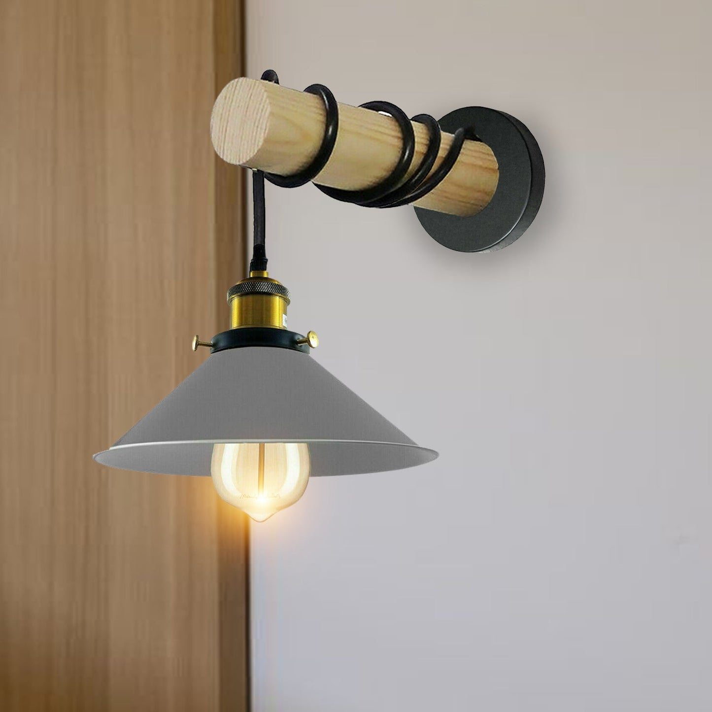 Modern Combined Solid Wooden Arm Chandelier Lighting With Grey Cone Shaped Metal Shade wall sconce~3472-2