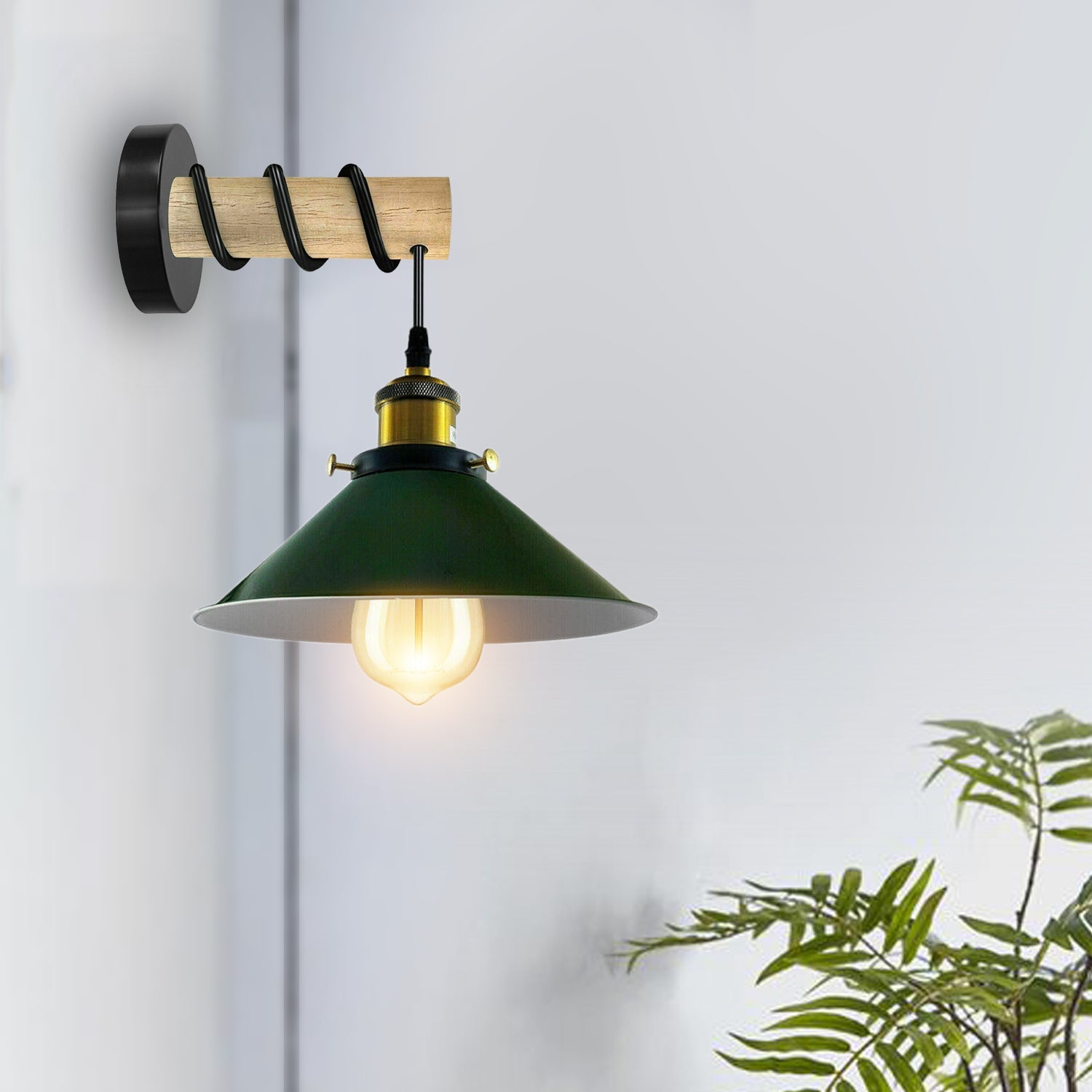 Modern Combined Solid Wooden Arm Chandelier Lighting With Green Cone Shaped Metal Shade wall sconce~3473-0