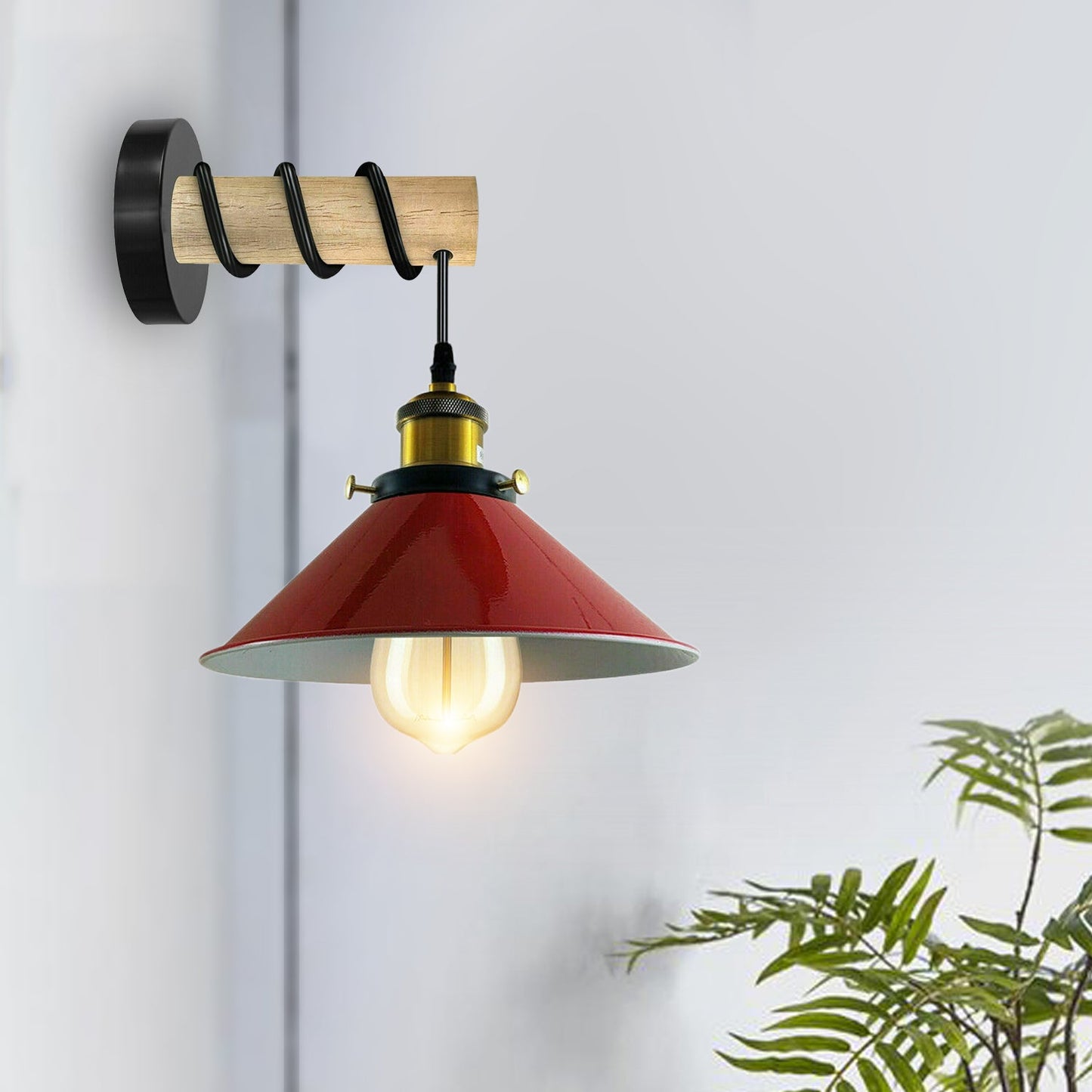 Modern Combined Solid Wooden Arm Chandelier Lighting With Red Cone Shaped Metal Shade wall sconce~3475-0