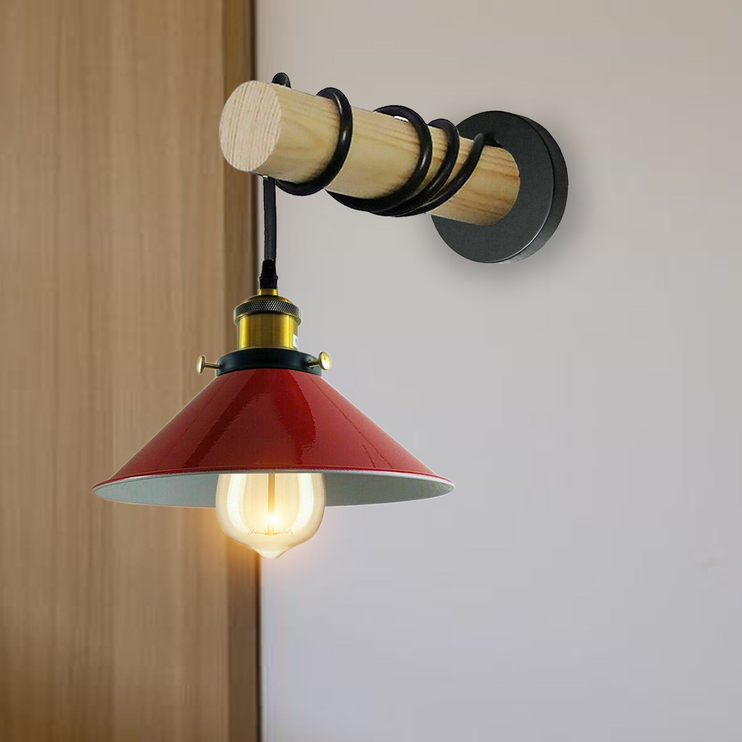 Modern Combined Solid Wooden Arm Chandelier Lighting With Red Cone Shaped Metal Shade wall sconce~3475-2