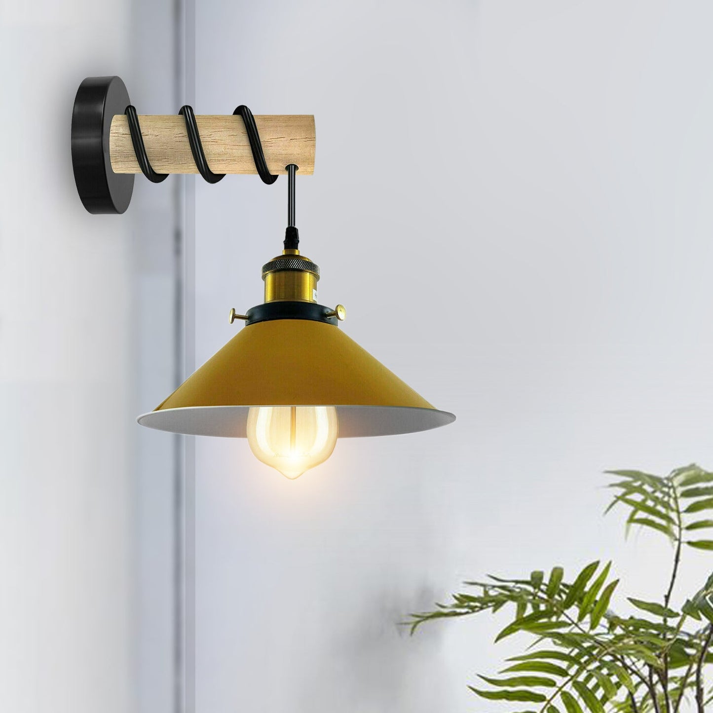 Modern Combined Solid Wooden Arm Chandelier Lighting With Yellow Cone Shaped Metal Shade wall sconce~3477-0