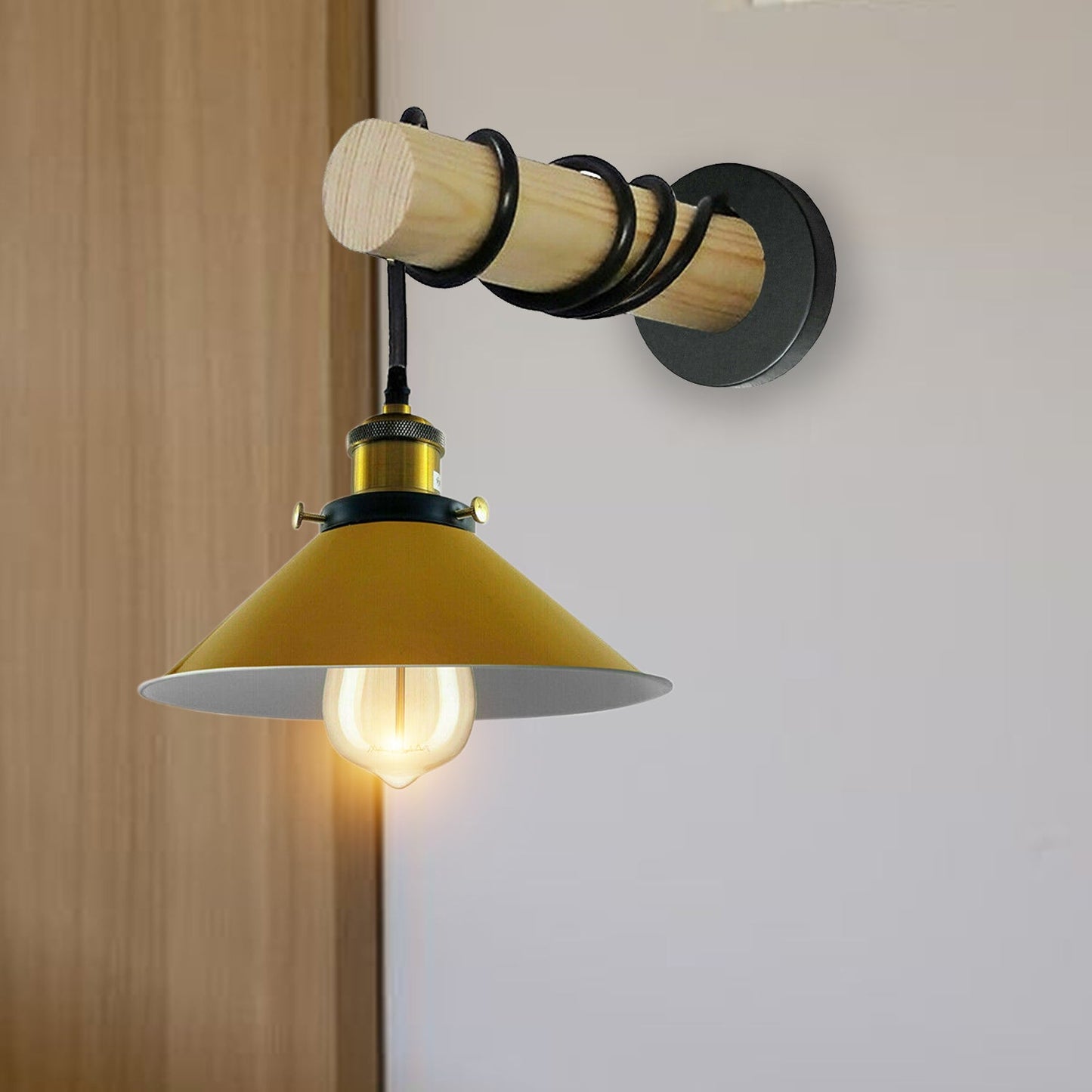 Modern Combined Solid Wooden Arm Chandelier Lighting With Yellow Cone Shaped Metal Shade wall sconce~3477-2