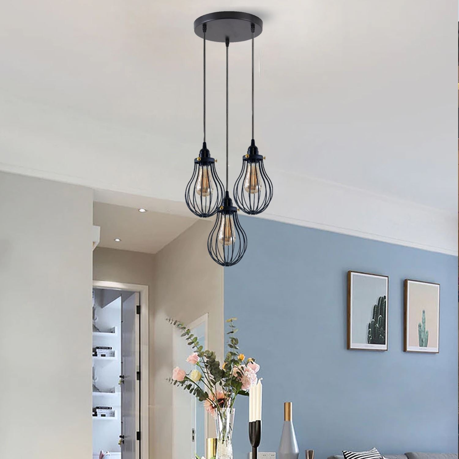 Retro Industrial Black Indoor Hanging Adjustable Pendant Light Big Vase Cage Ceiling Chandelier~3398-14