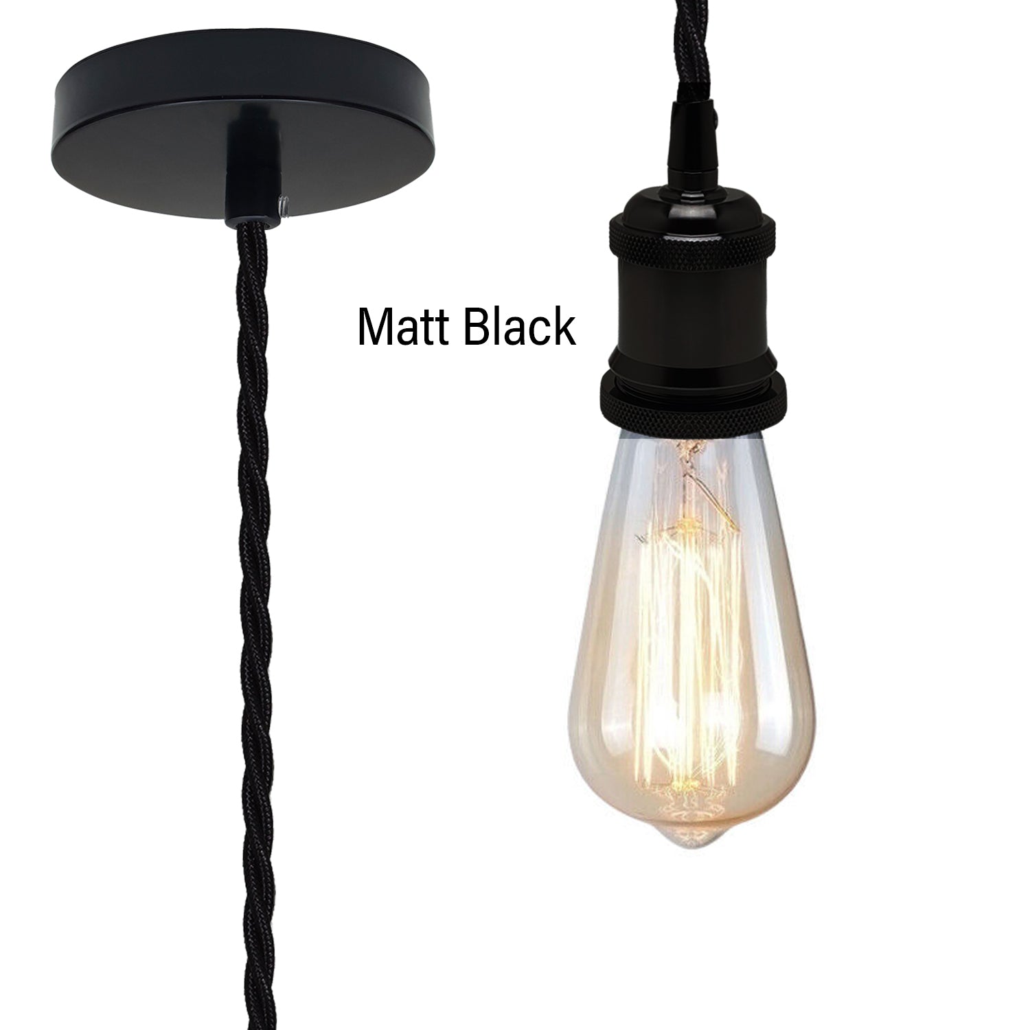 Vintage Matt Black Metal Ceiling Fitting Black Twisted Braided Flex 2m E27 Lamp Holder Pendant Light~3830-6