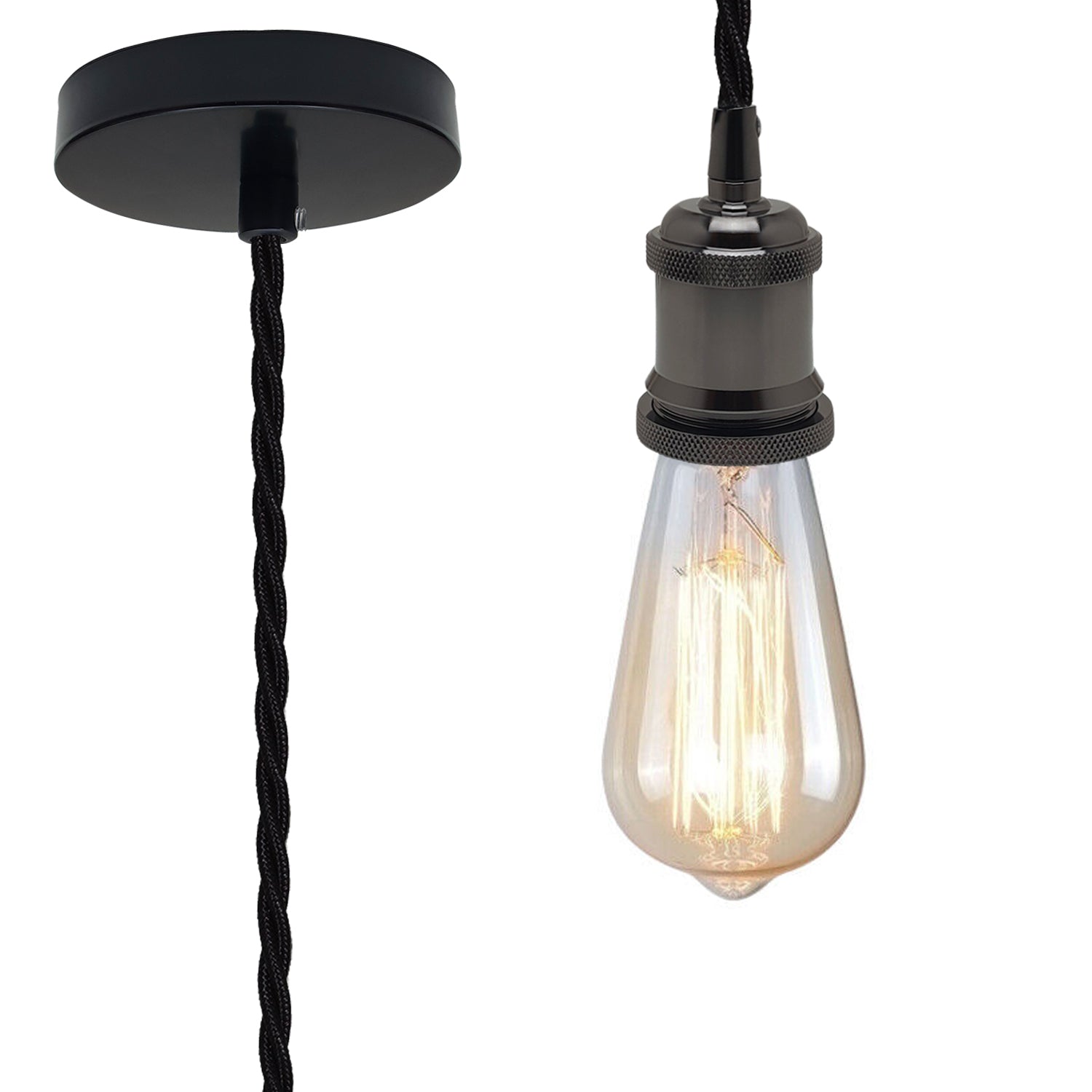 Vintage Shiny Black Metal Ceiling Fitting Black Twisted Braided Flex 2m E27 Lamp Holder Pendant Light~3821-0