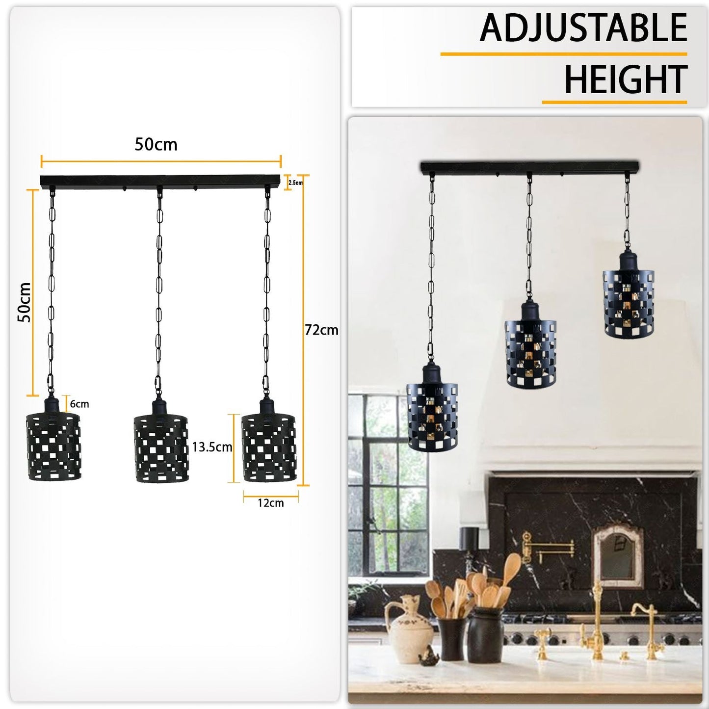 Industrial Vintage Retro Drum Cylinder shape Black Metal Ceiling 3 way rectangle Pendant cage Lights E27~3998-6