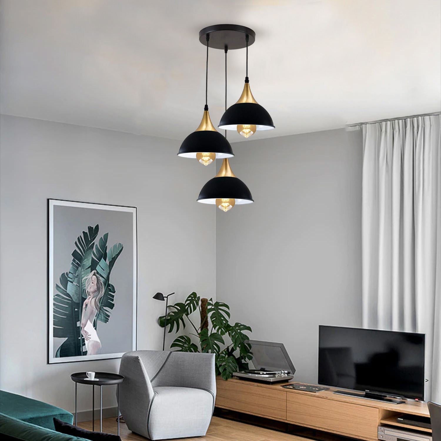 Retro Industrial 3Way Hanging Ceiling Pendant Light Black Dome Shape Shade Indoor Light~3396-2