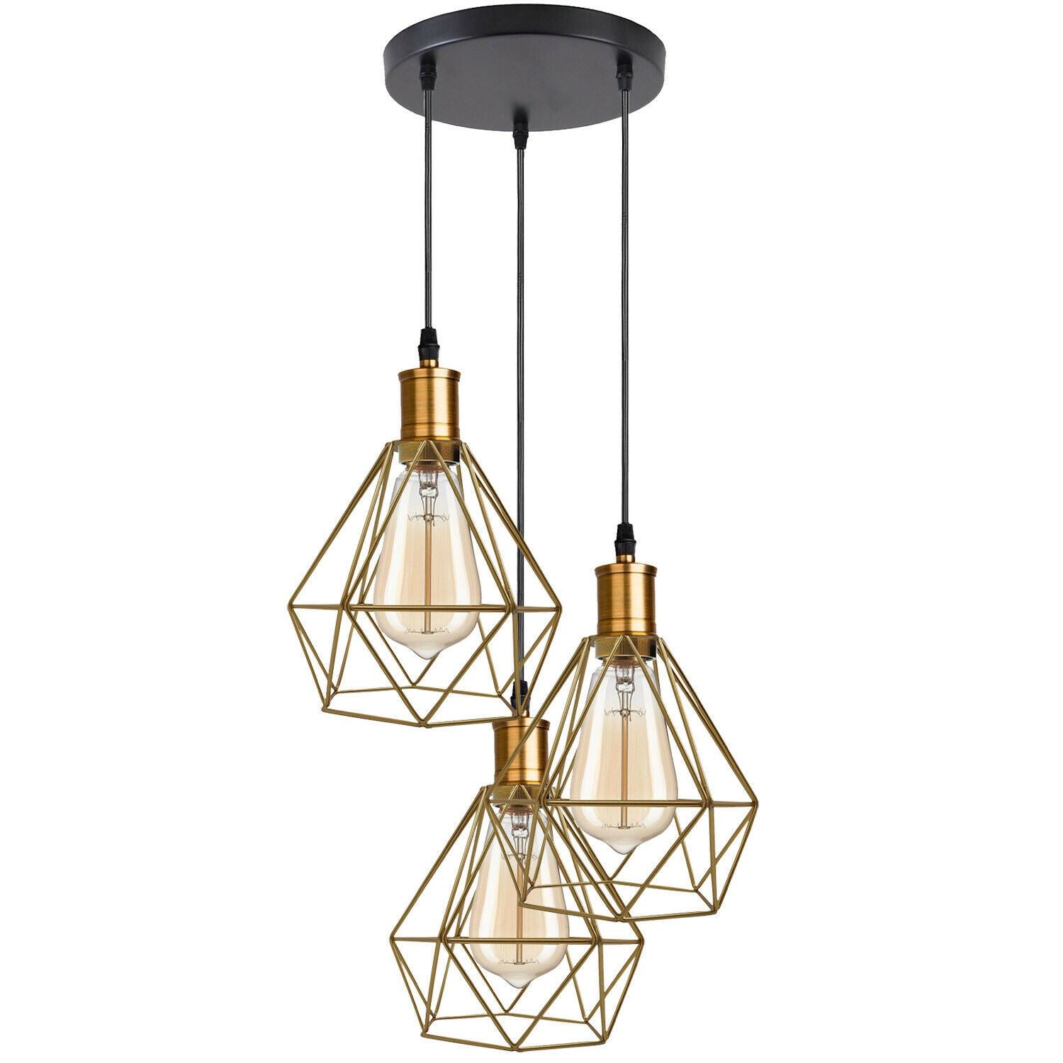 Industrial Retro style 3-Light Pendant lights Adjustable Cord with Diamond Metal Cages~1255-1