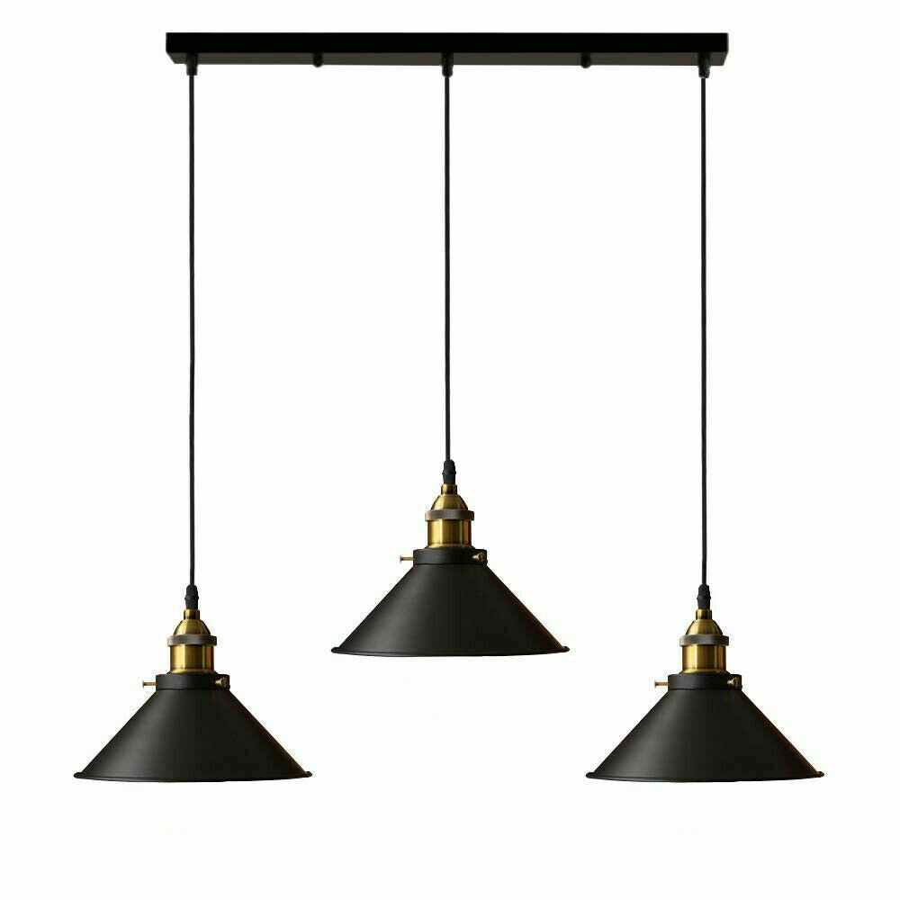 Industrial Vintage Pendant light with 3 heads cone various colours E27 Uk Holders ~1301-36