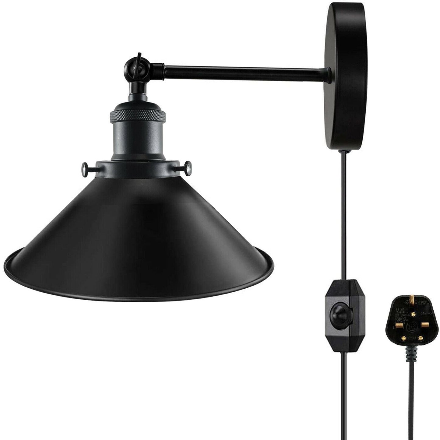 Black Plugin Wall Fitting Cone Metal Shade~1217-0