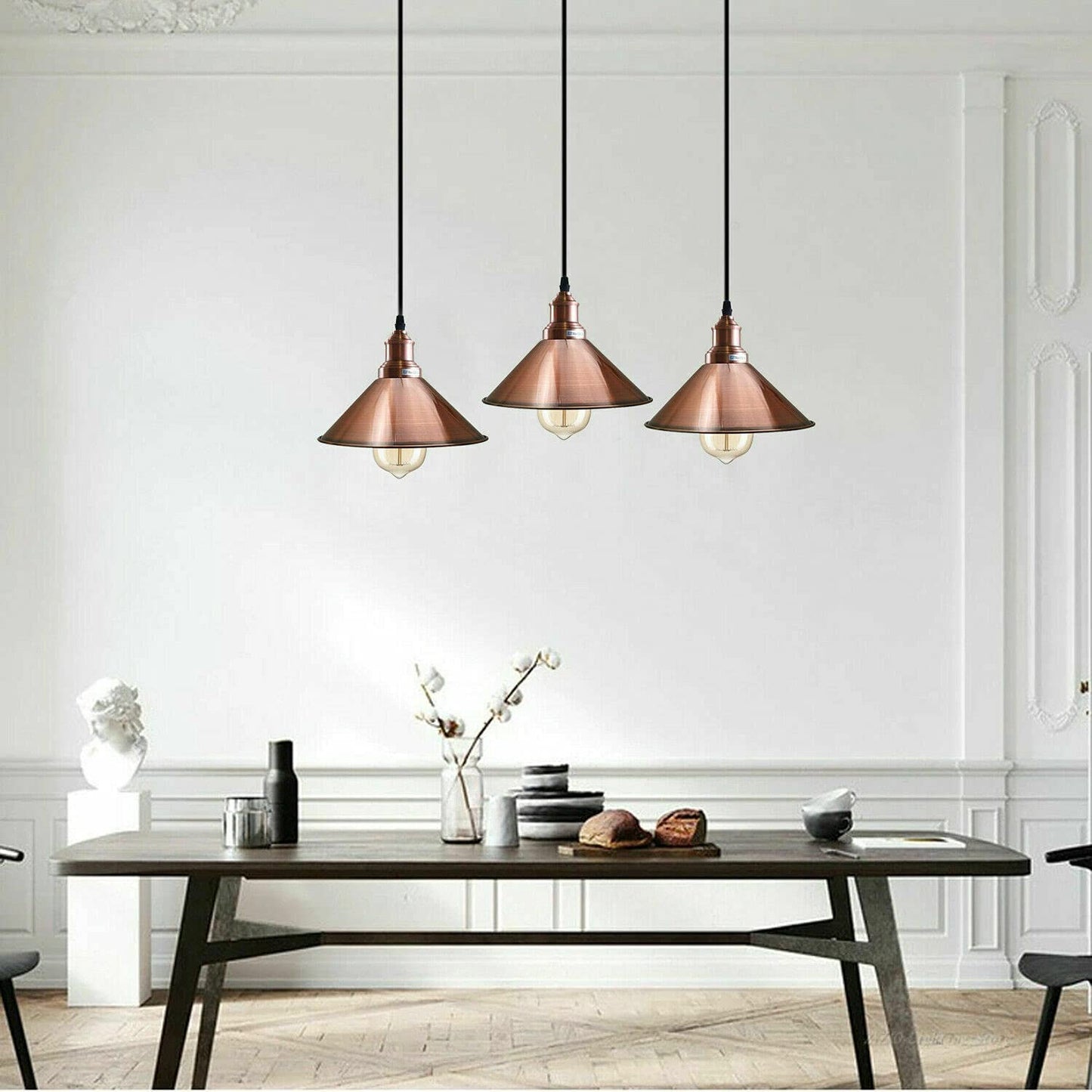 Industrial Vintage Pendant light with 3 heads cone various colours E27 Uk Holders ~1301-42