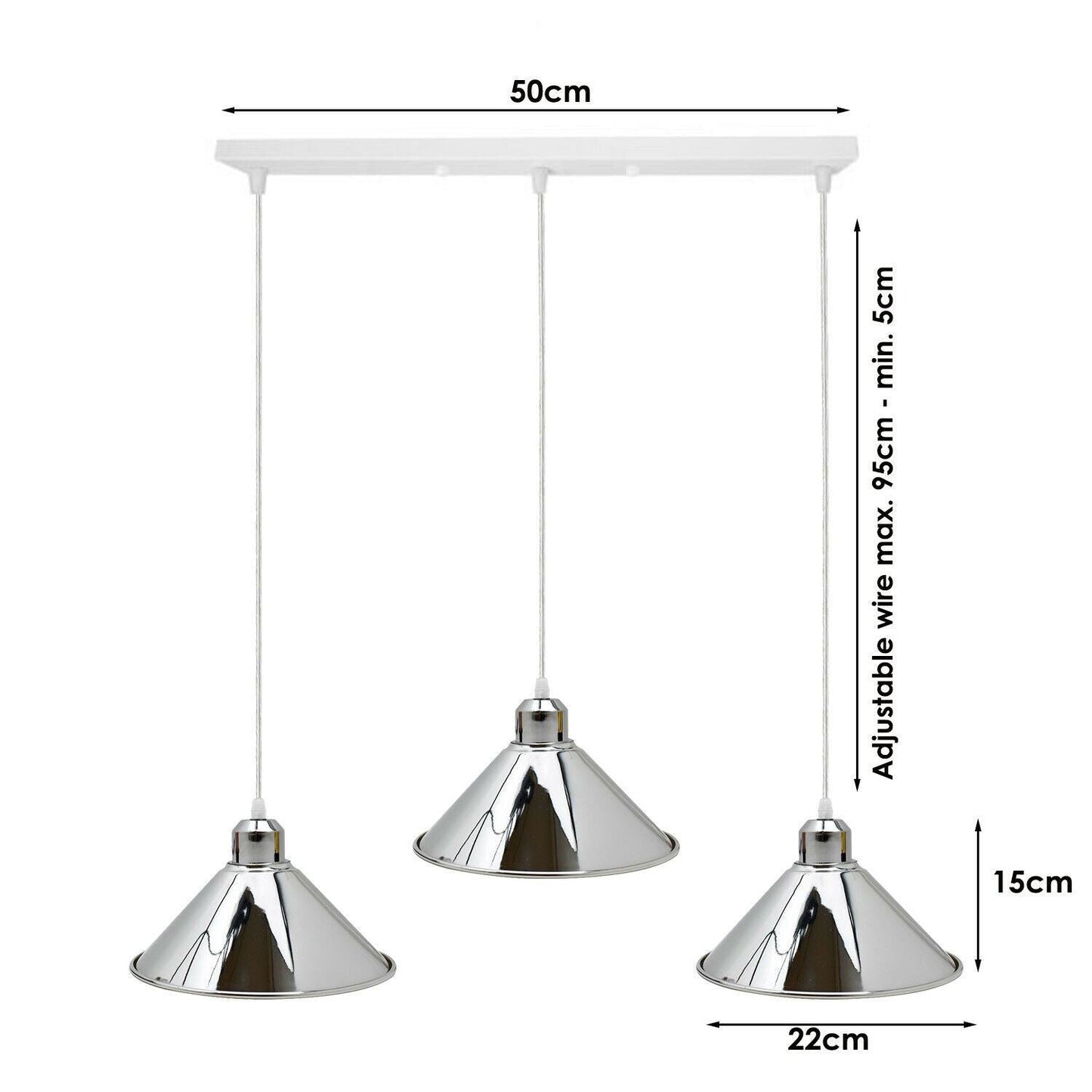 Modern Industrial Chrome 3 Way Ceiling Pendant Light Metal Cone Shape Shade Indoor Hanging Lighting For Bedroom, Dining Room, Living Room~1183-6