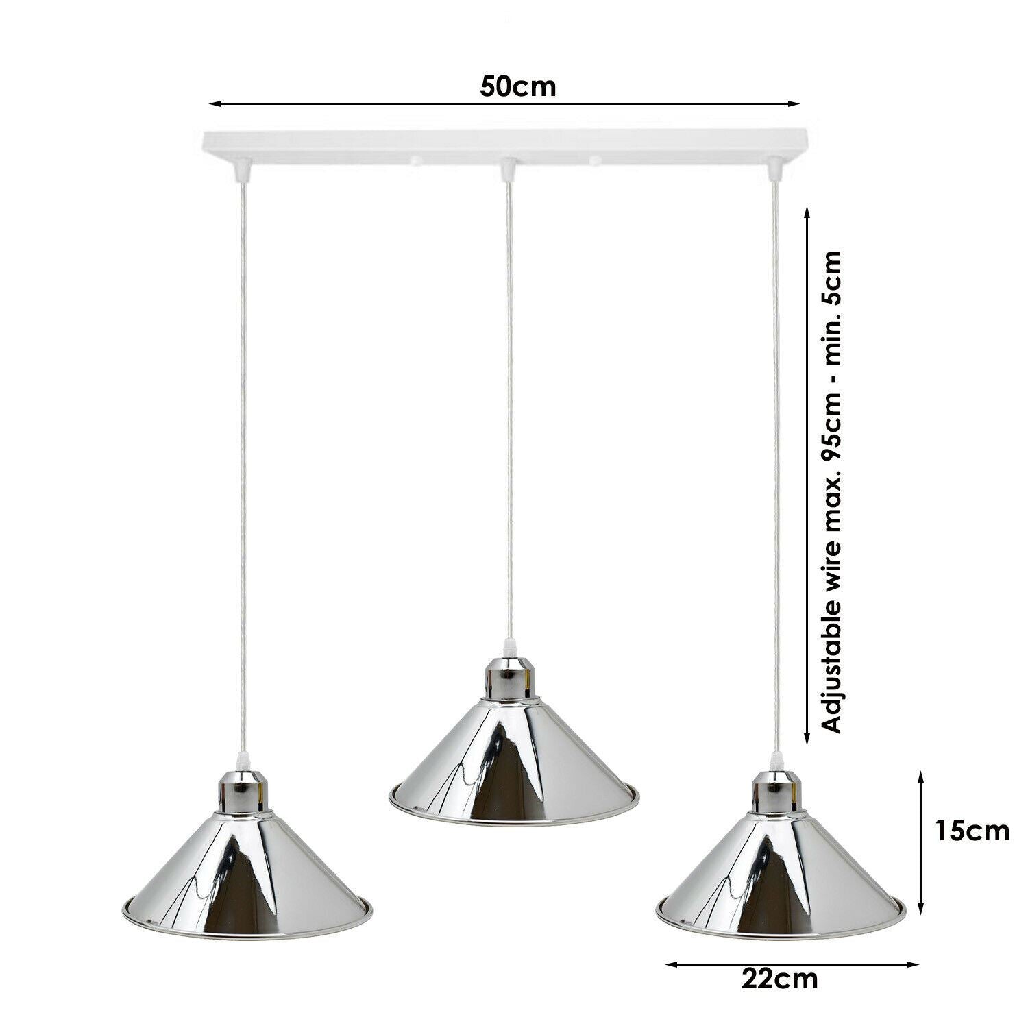 Modern Industrial Chrome 3 Way Ceiling Pendant Light Metal Cone Shape Shade Indoor Hanging Lighting For Bedroom, Dining Room, Living Room~1183-6