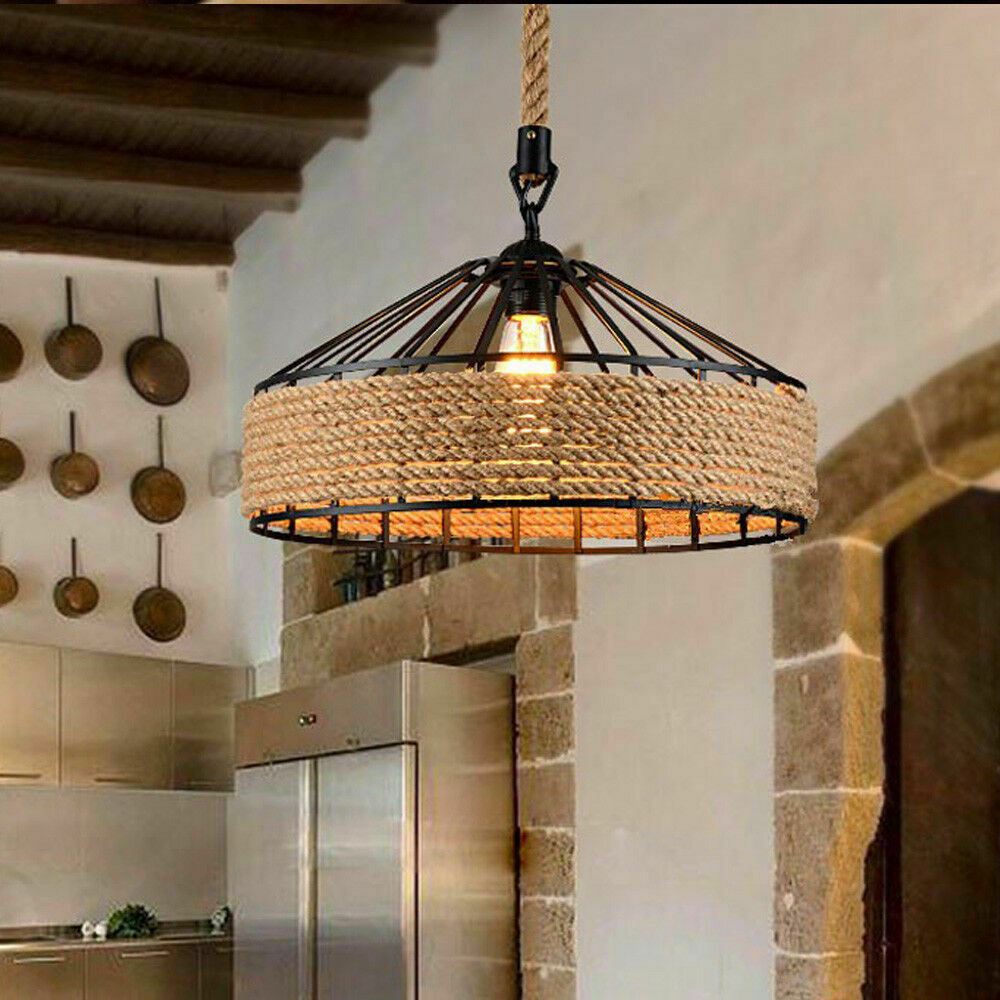 Retro Industrial Vintage Loft Hemp Rope Pendant Ceiling Light Lamp~1132-34