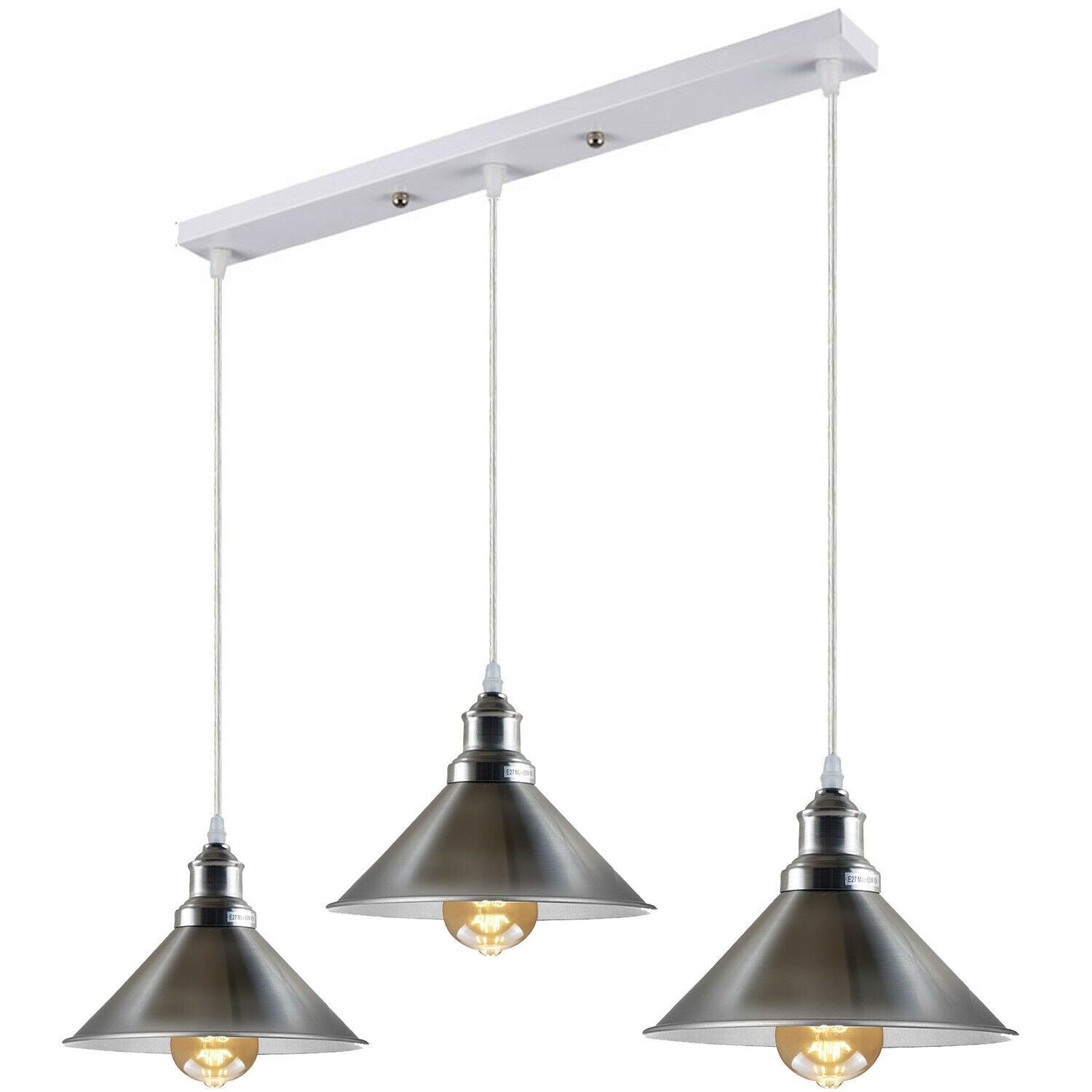 Modern Industrial Satin Nickel Indoor Hanging 3 Way Ceiling Pendant Light Metal Cone Shape Shade For Bar, Bedroom, Dining Room~1178-0