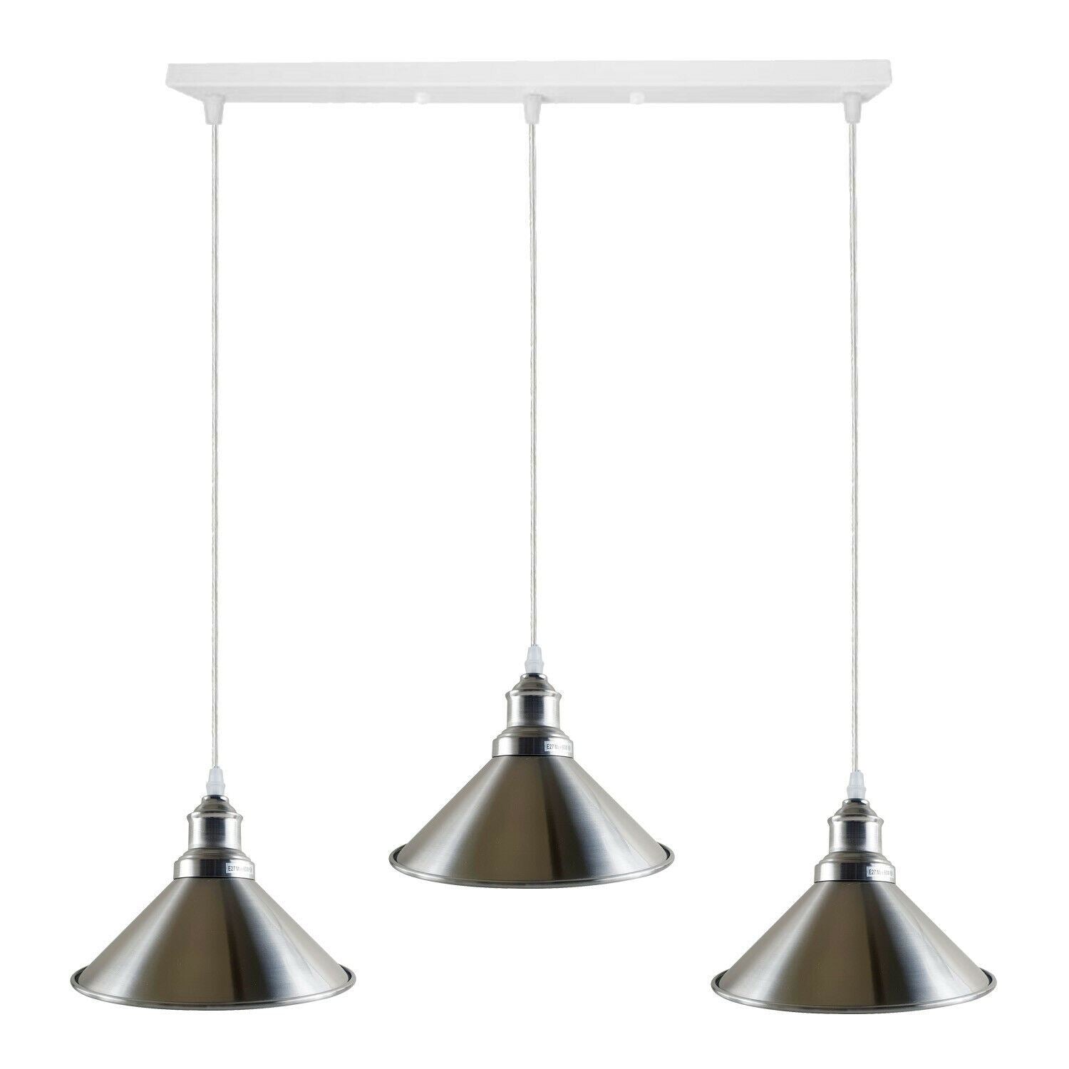 Modern Industrial Satin Nickel Indoor Hanging 3 Way Ceiling Pendant Light Metal Cone Shape Shade For Bar, Bedroom, Dining Room~1178-1