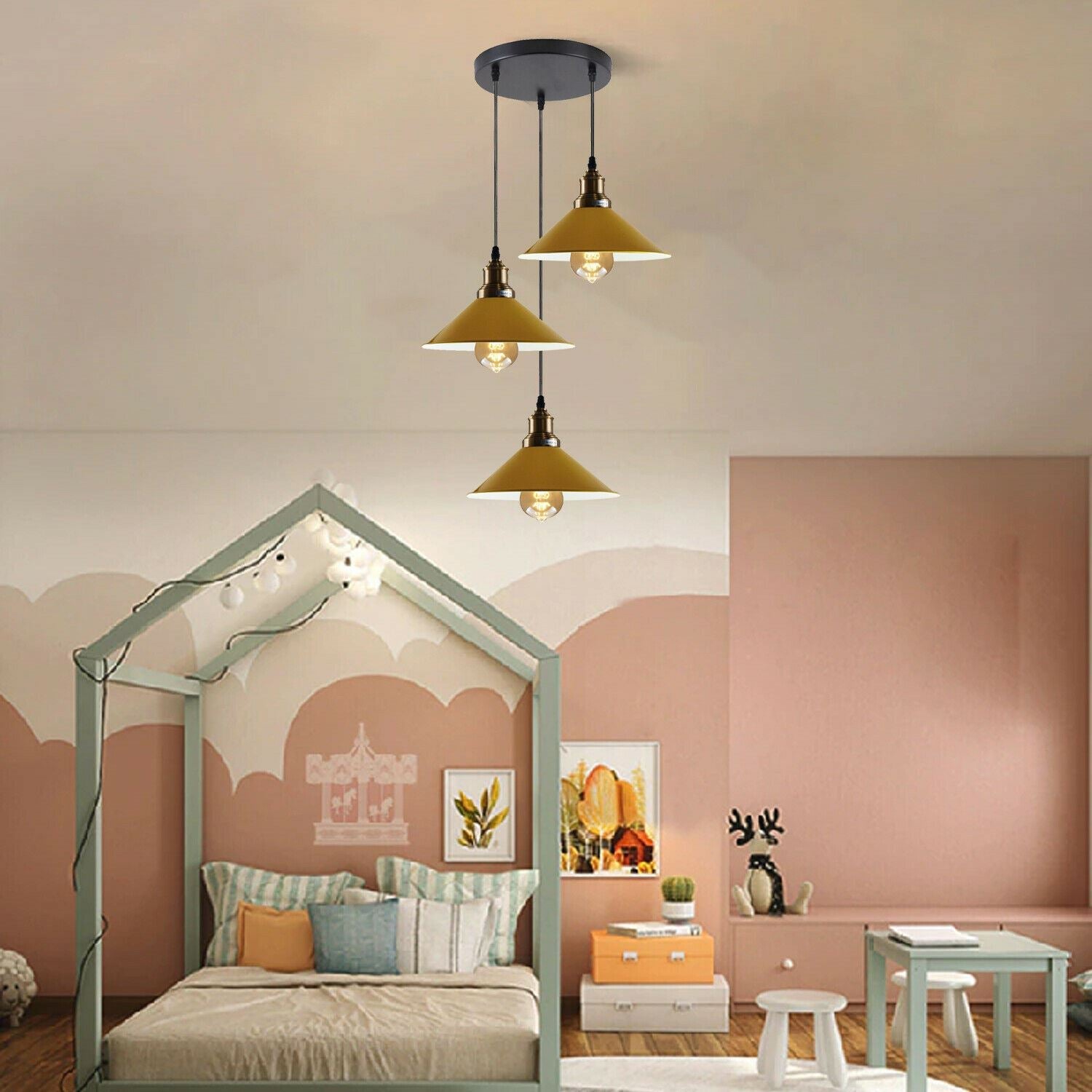 3 Head Ceiling Light, Multi Color Cluster Ceiling Hanging Lamp, Pendant Light Fixture with Cone Metal Shade~1302-12