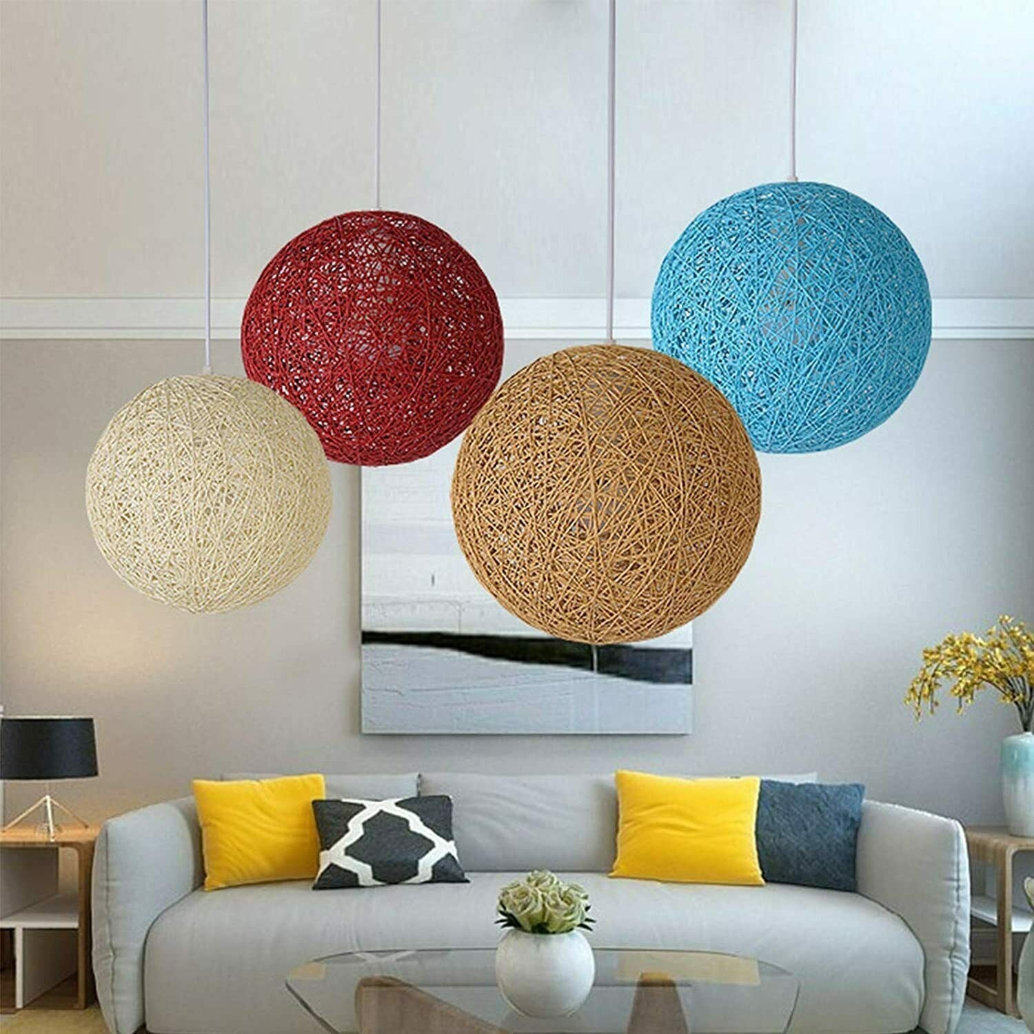 Modern Industrial Rattan Wicker Woven Ball Globe Two Outlet Pendant Light Hanging Ceiling Lamp For Bedroom, Kitchen, Study room~1331-20