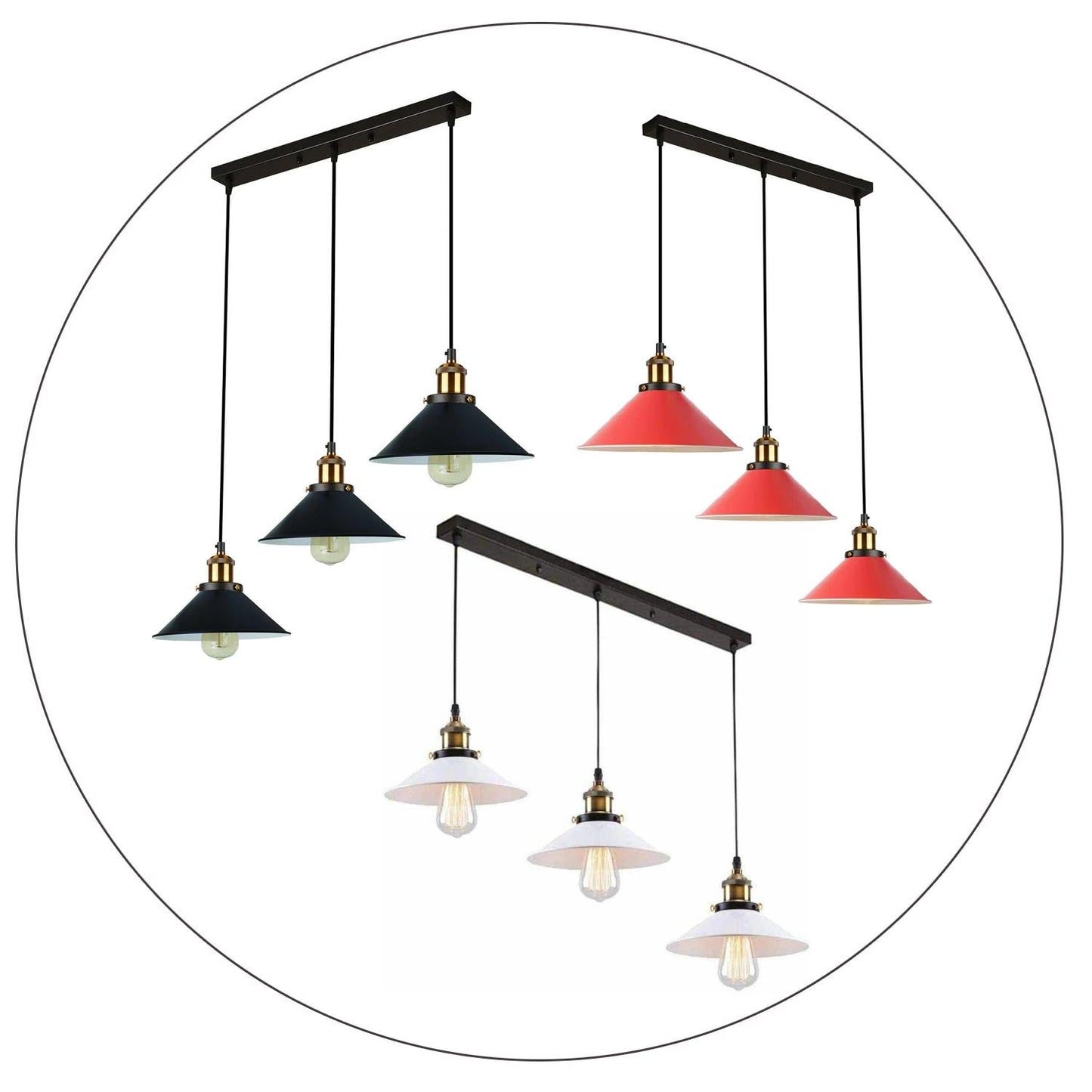 Industrial Vintage Pendant light with 3 heads cone various colours E27 Uk Holders ~1301-10