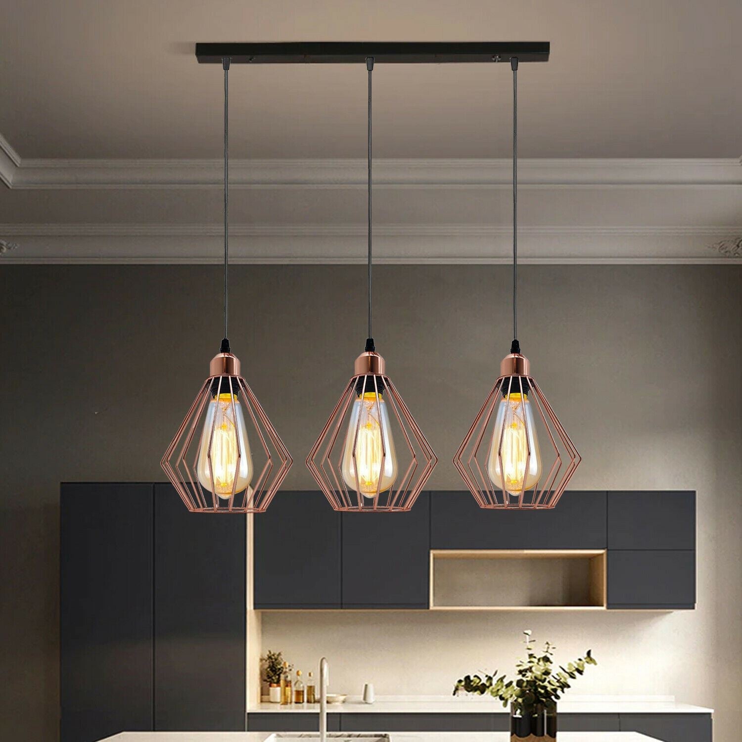 Modern Ceiling Pendant Light Cage Fitting Rose Gold Diamond Vintage Style Lights~1361-10