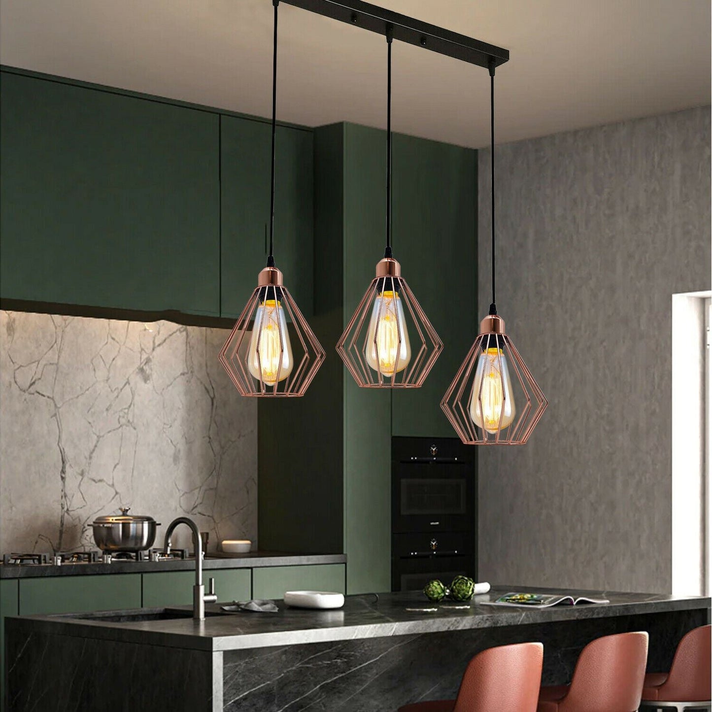 Modern Ceiling Pendant Light Cage Fitting Rose Gold Diamond Vintage Style Lights~1361-8