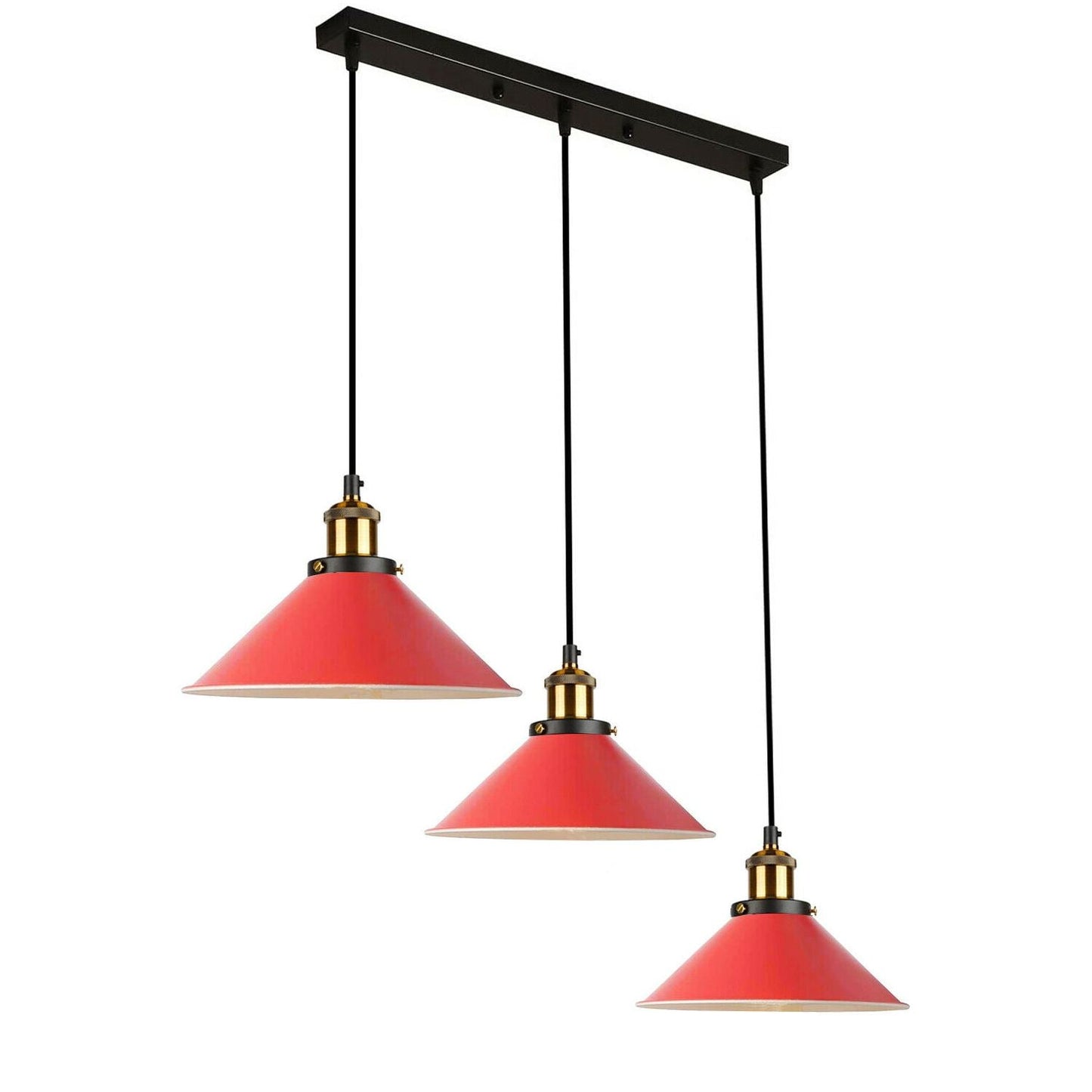 Industrial Vintage Pendant light with 3 heads cone various colours E27 Uk Holders ~1301-15