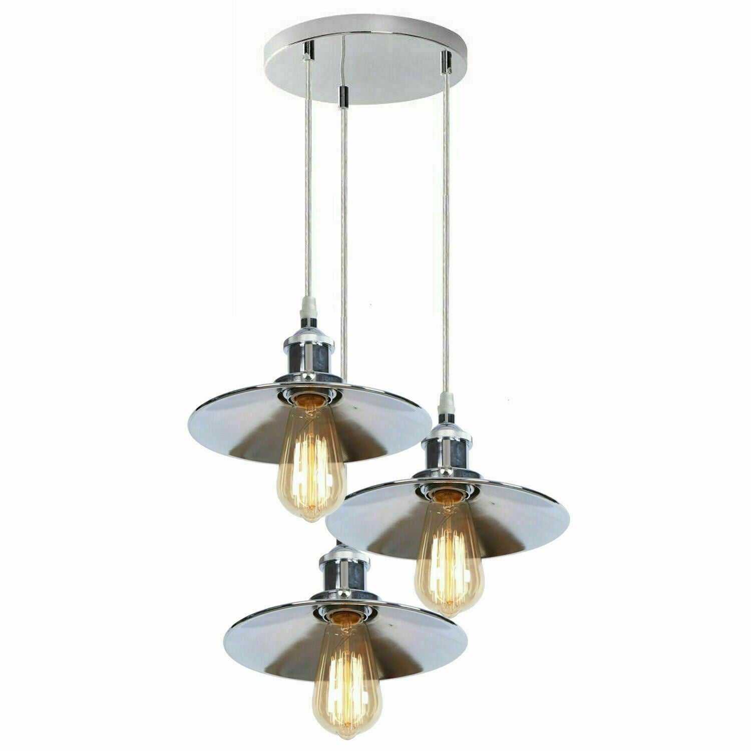 Retro 3 Head Pendant Hanging Light Chrome Metal Flat Lamp Shade For Bed room, Kitchen, Study room, Dining room~1324-6