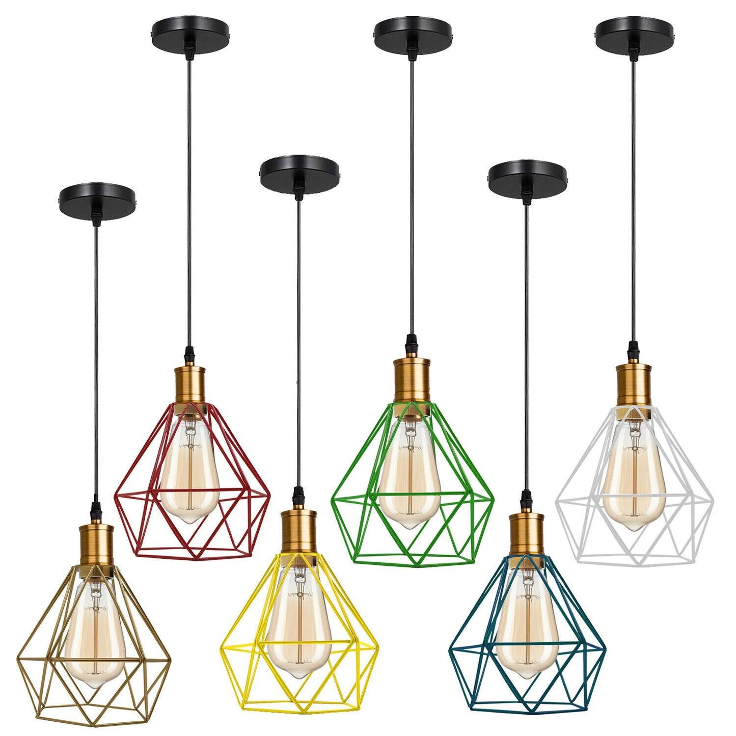 Modern Vintage Diamond Cage Ceiling Pendant Light Fitting Geometric Wire Cage Style Hanging Indoor Lights with 95cm Adjustable Wire~1266-34