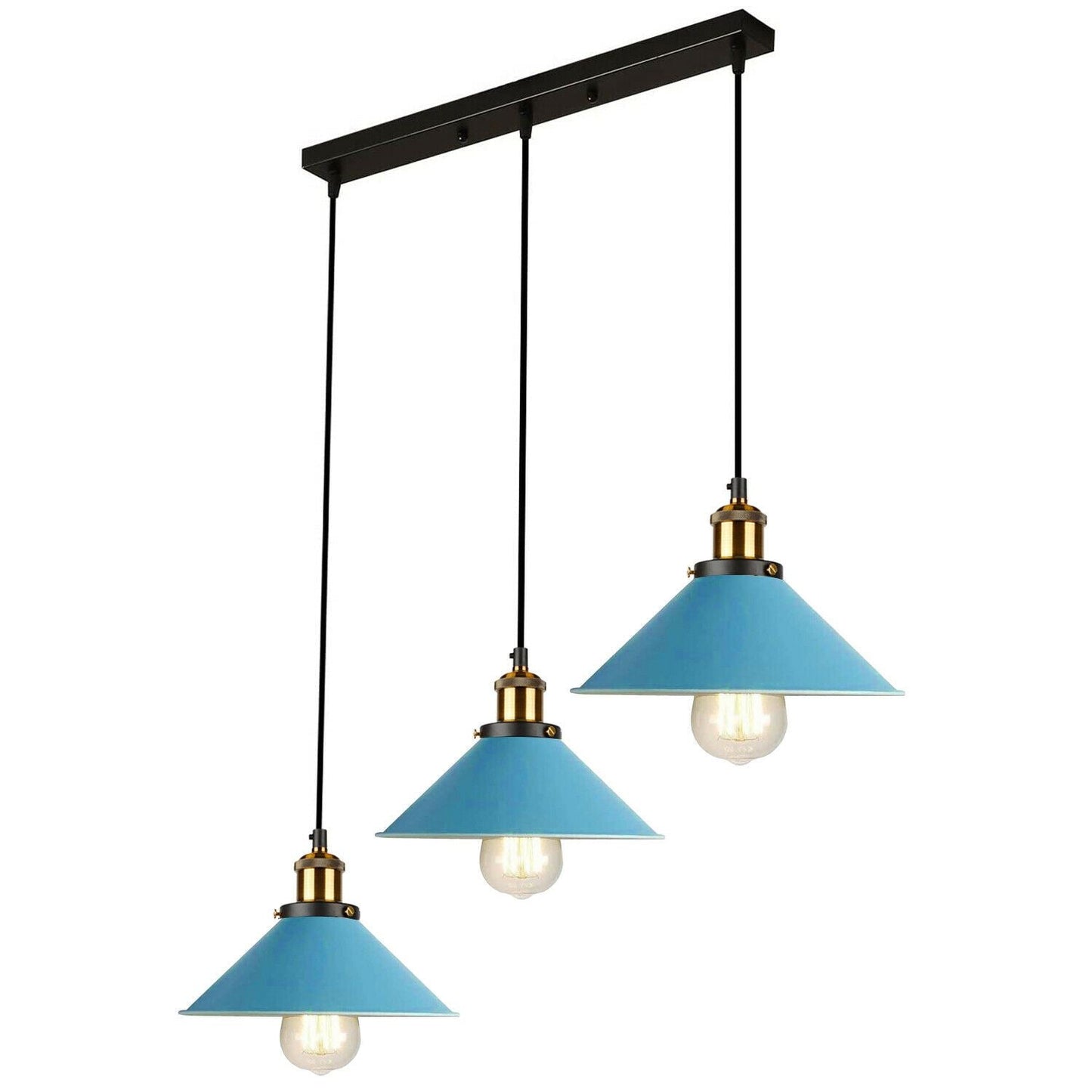 Industrial Vintage Pendant light with 3 heads cone various colours E27 Uk Holders ~1301-12