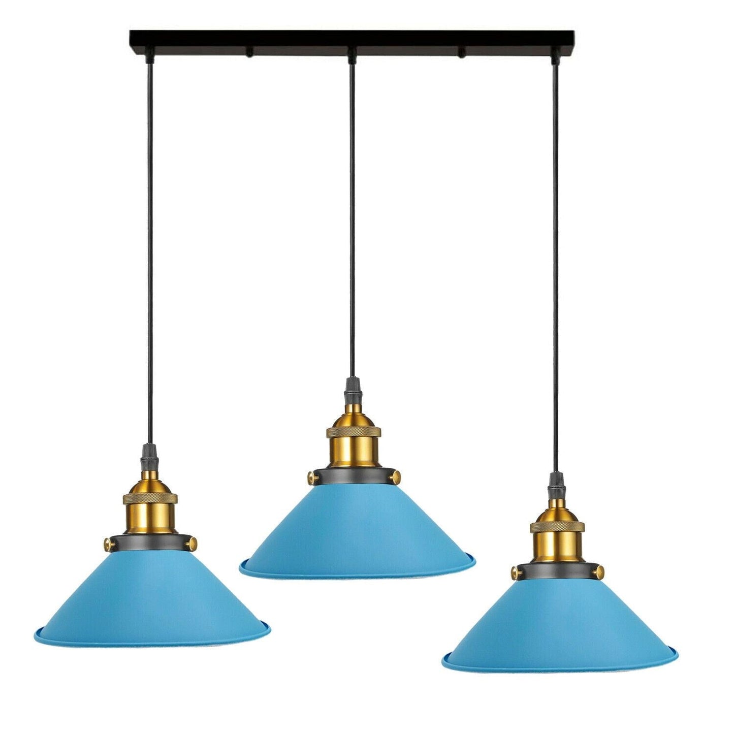 Industrial Vintage Pendant light with 3 heads cone various colours E27 Uk Holders ~1301-5