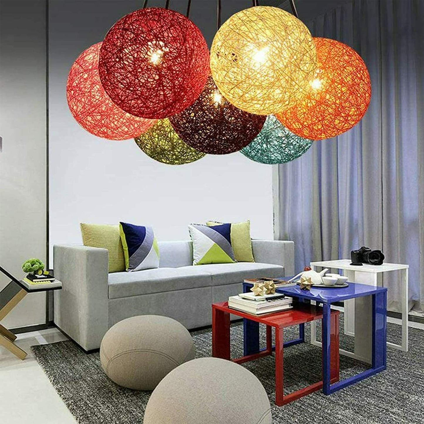 Modern Industrial Rattan Wicker Woven Ball Globe Two Outlet Pendant Light Hanging Ceiling Lamp For Bedroom, Kitchen, Study room~1331-17