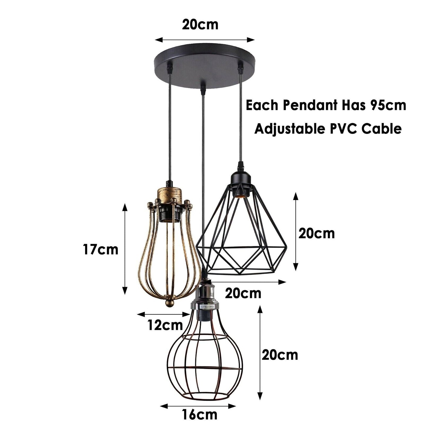 Industrial Kitchen Island Chandelier 3 Light Cage Ceiling Hanging Pendant Lamp~4067-13