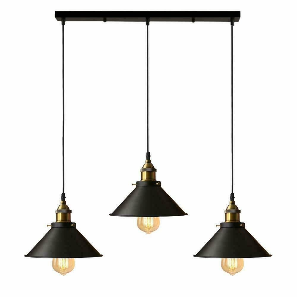 Industrial Vintage Pendant light with 3 heads cone various colours E27 Uk Holders ~1301-35