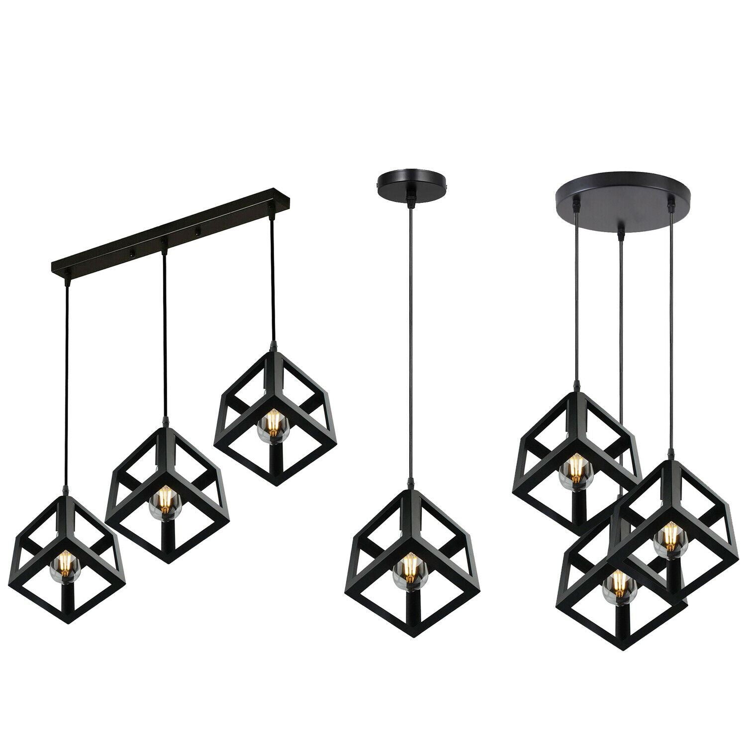 Vintage Industrial 1/3 Light Black Square Cluster Pendant Light Fitting~1256-35