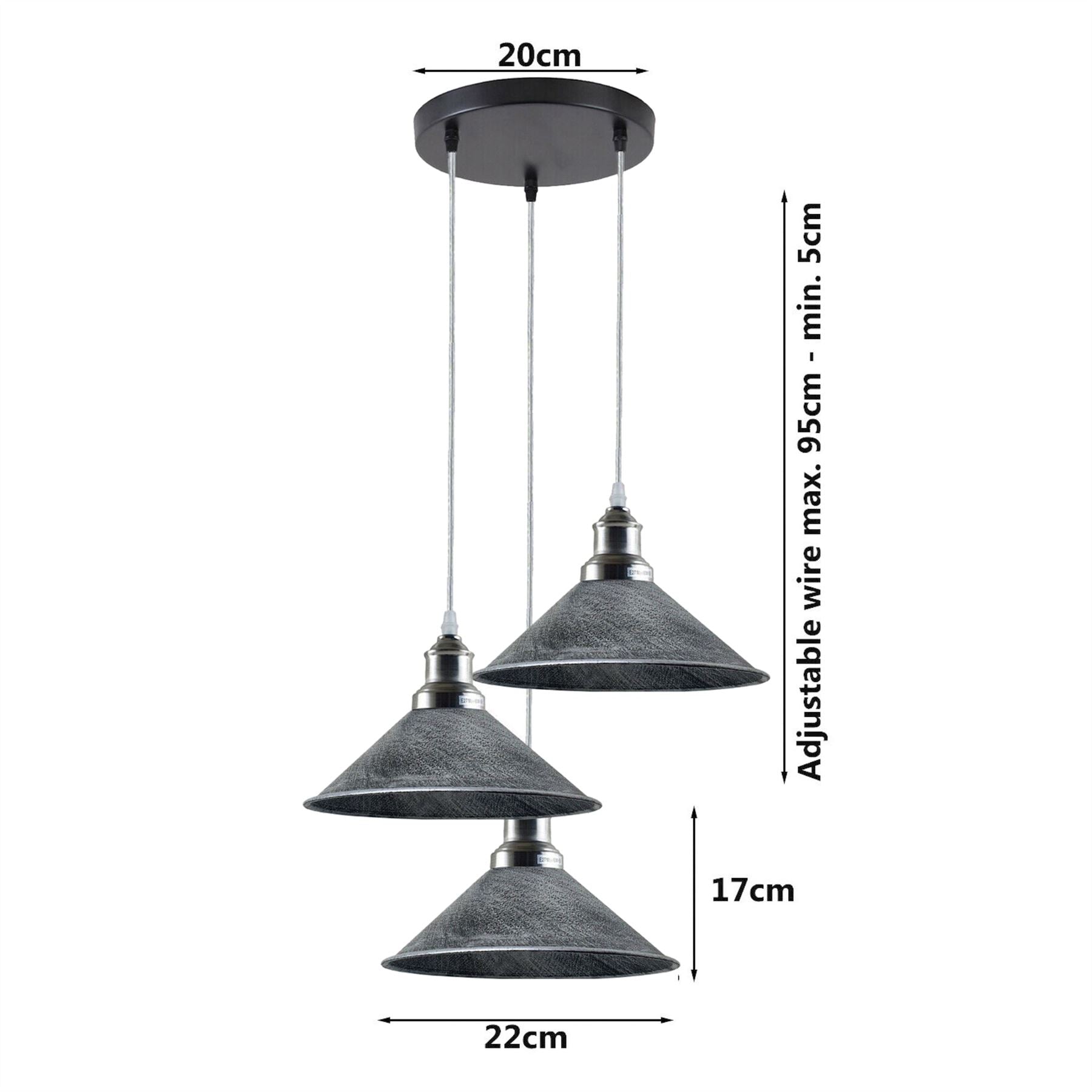 3 Head Ceiling Light, Multi Color Cluster Ceiling Hanging Lamp, Pendant Light Fixture with Cone Metal Shade~1302-21