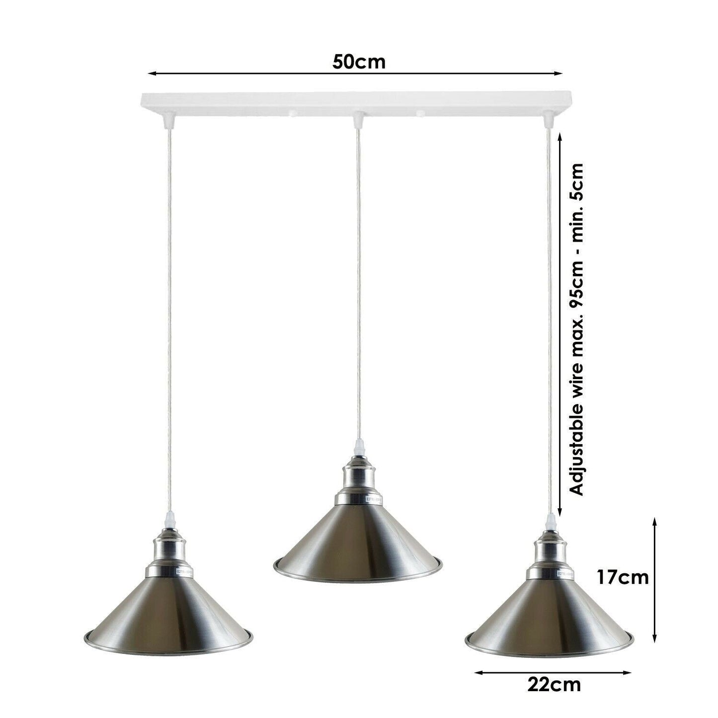 Modern Industrial Satin Nickel Indoor Hanging 3 Way Ceiling Pendant Light Metal Cone Shape Shade For Bar, Bedroom, Dining Room~1178-7