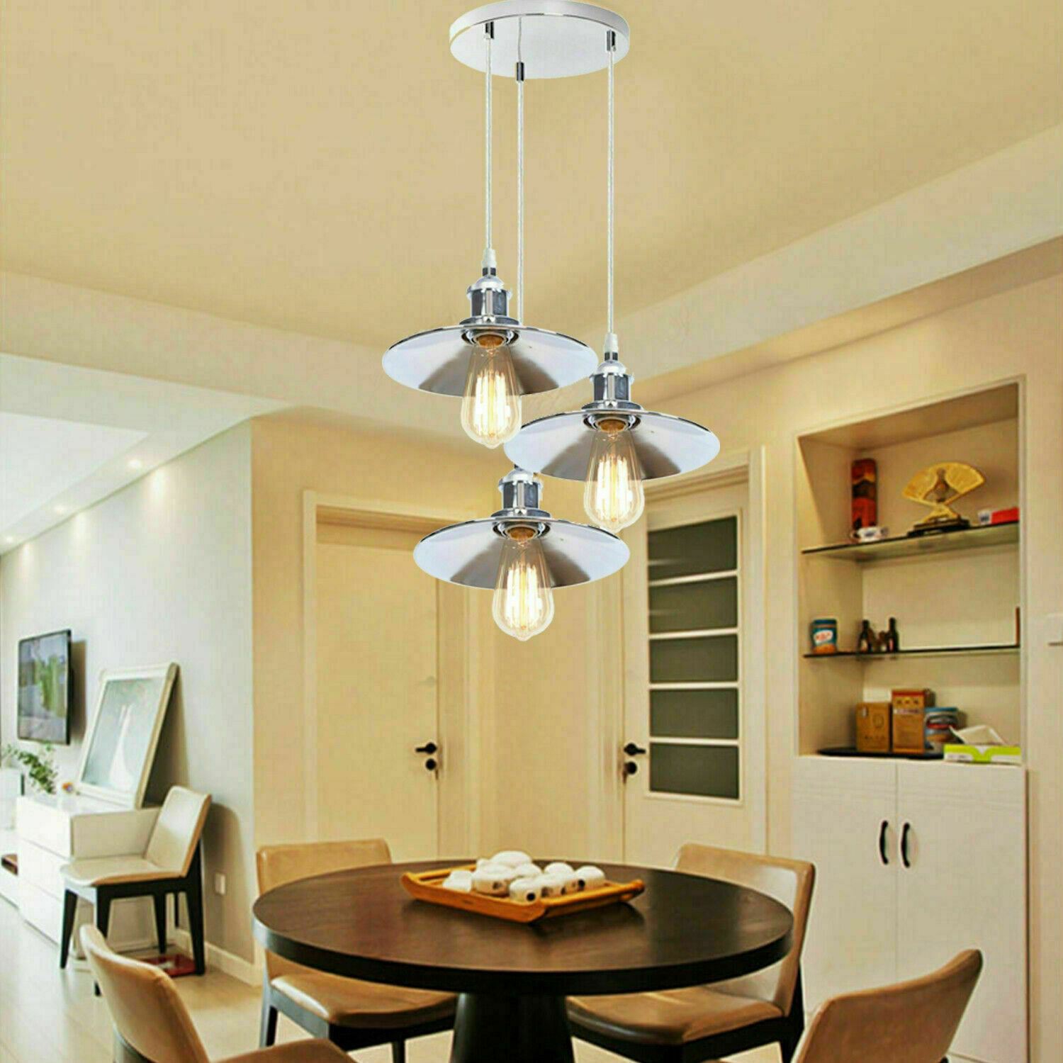 Retro 3 Head Pendant Hanging Light Chrome Metal Flat Lamp Shade For Bed room, Kitchen, Study room, Dining room~1324-2