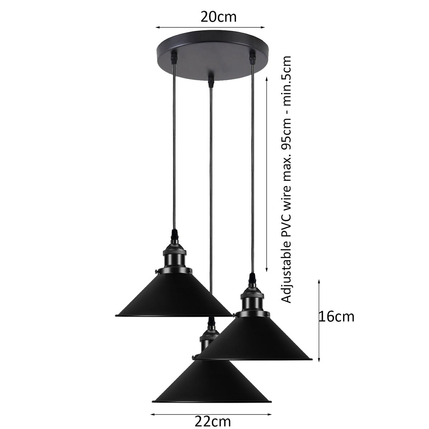 Vintage Ceiling Adjustable Hanging Black Metal Cone Shade Pendant Light Fixture~3393-21