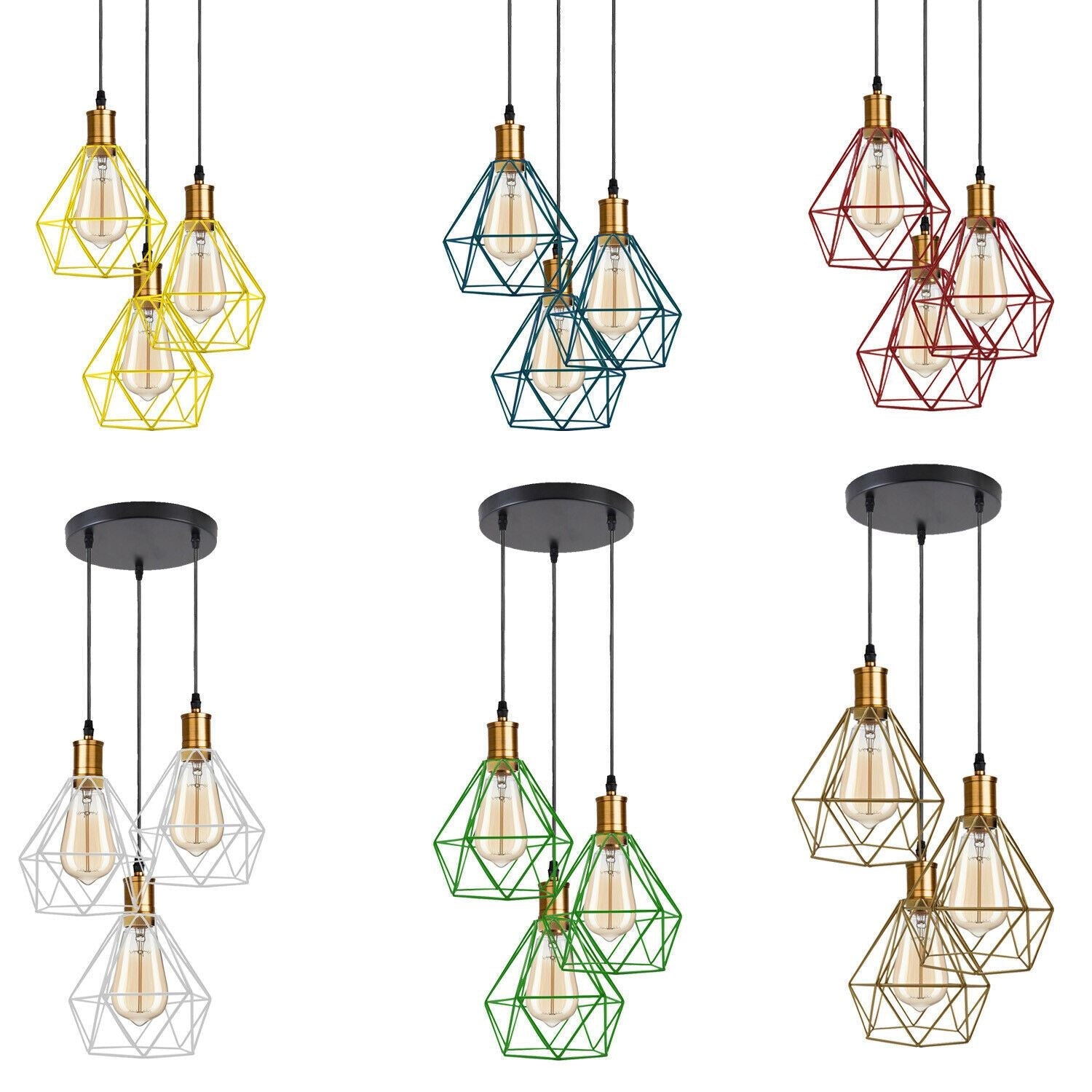 Industrial Retro style 3-Light Pendant lights Adjustable Cord with Diamond Metal Cages~1255-40