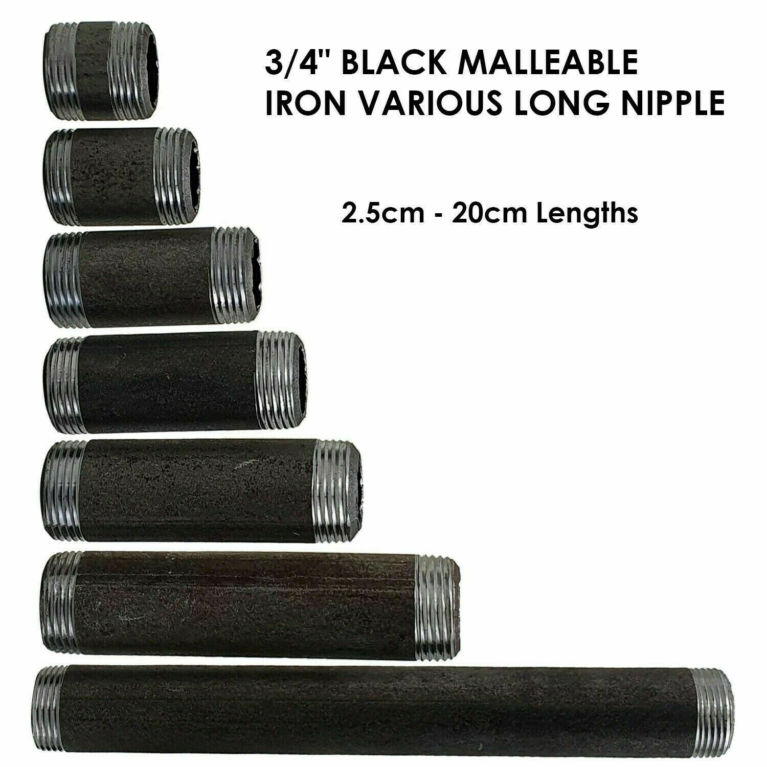 ¾ inch barrel nipple malleable Iron fitting Male BSPT 3/4in to Male BSPT 3/4in - Black Variable sizes from 2.5cm to 60cm~3632-58