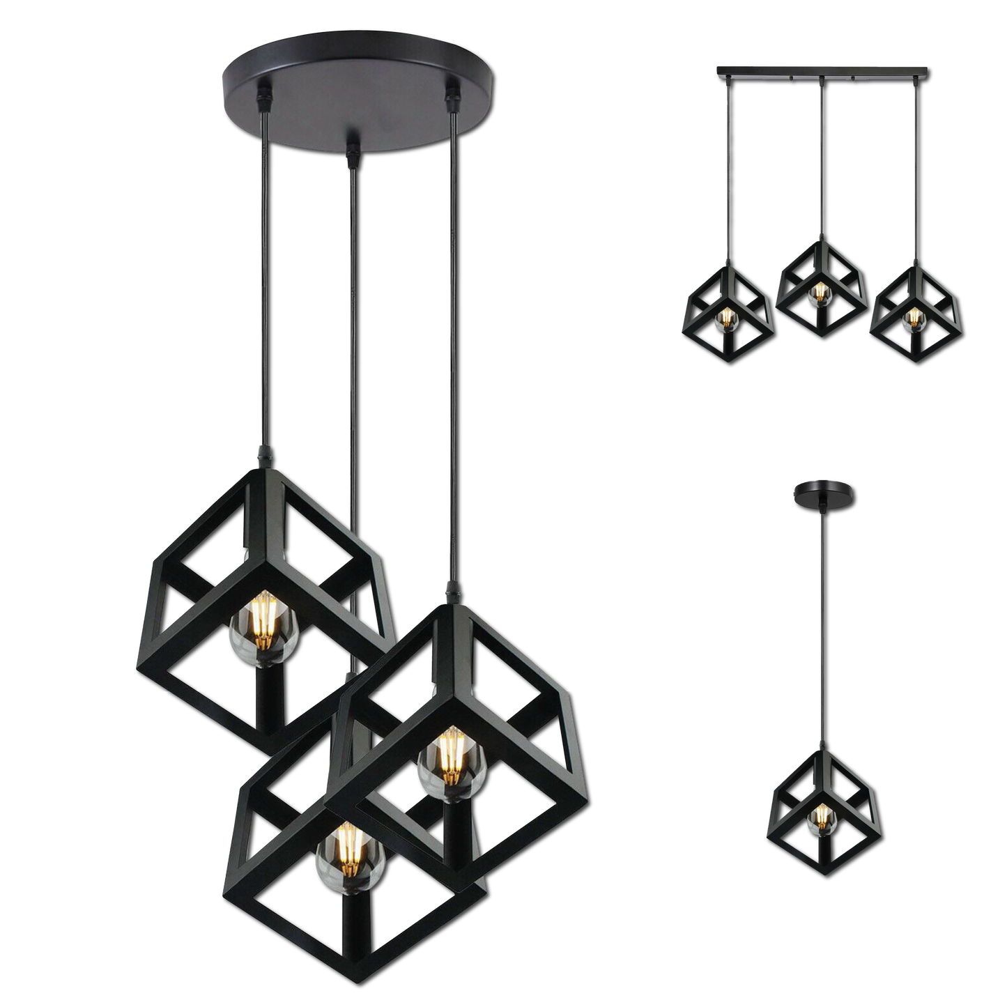 Vintage Industrial 1/3 Light Black Square Cluster Pendant Light Fitting~1256-5